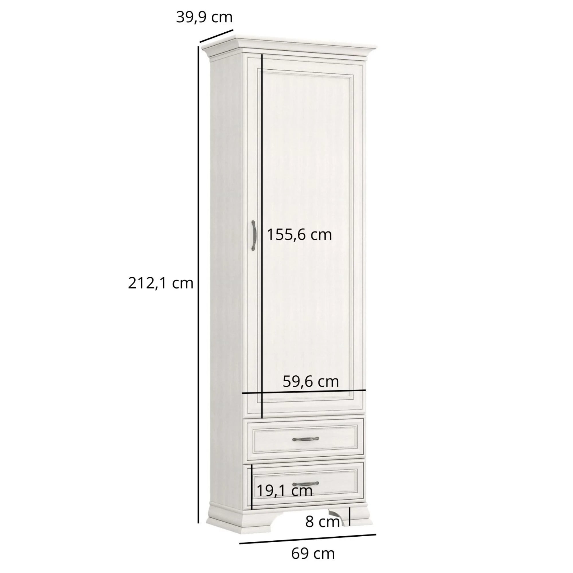 Dulap TIFFANY, crem, PAL laminat, cu o usa si 2 sertare, 69x40x212 cm
