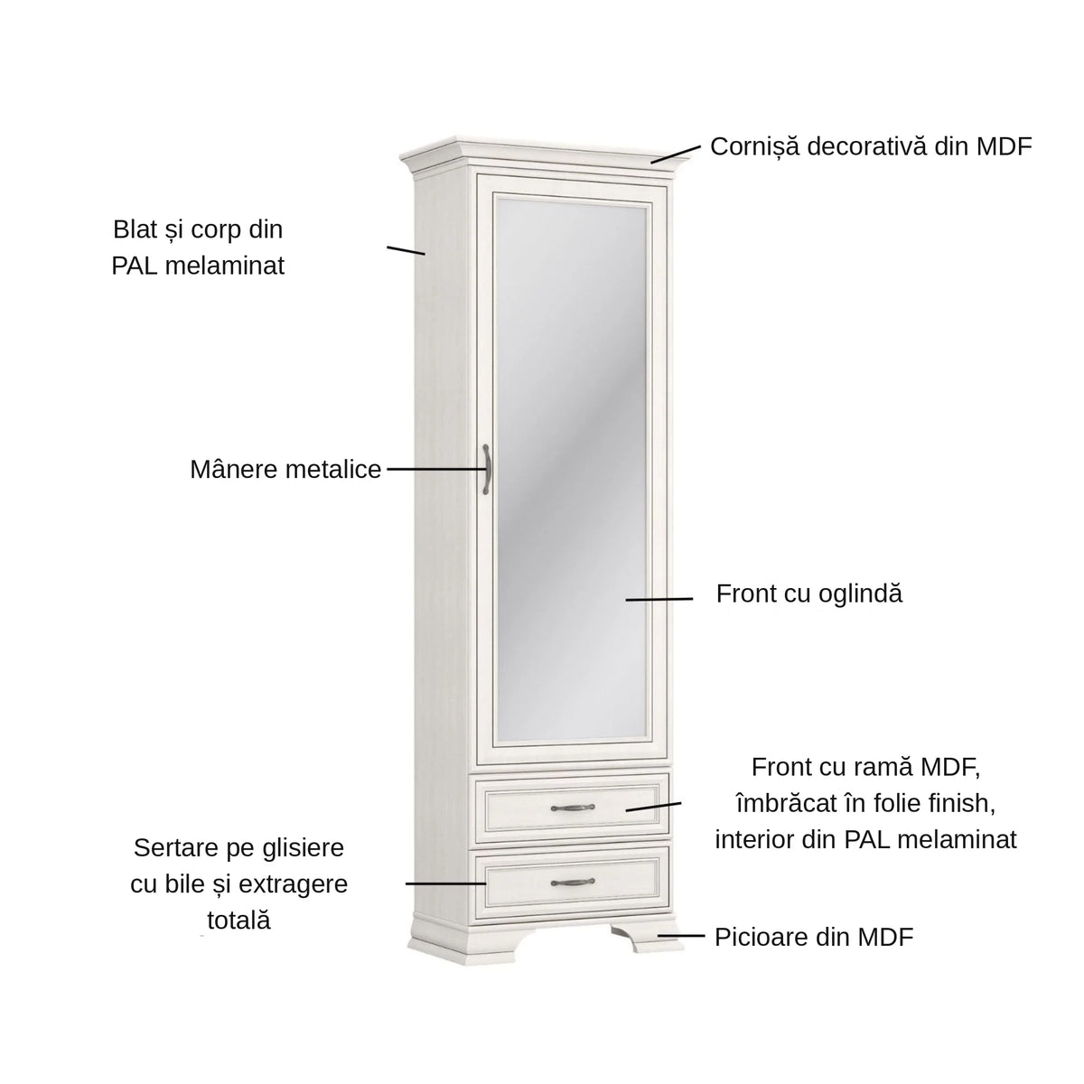 Dulap TIFFANY, crem, PAL laminat, cu o usa si 2 sertare, cu oglinda, 69x40x212 cm