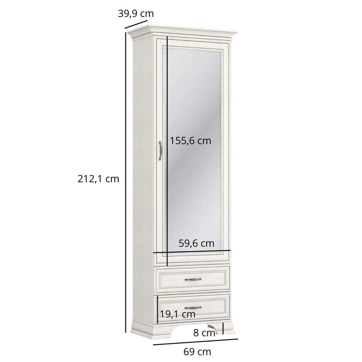 Dulap TIFFANY, crem, PAL laminat, cu o usa si 2 sertare, cu oglinda, 69x40x212 cm