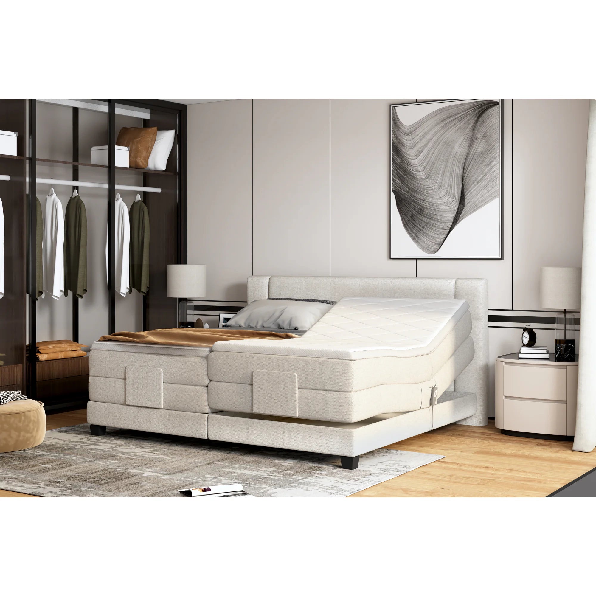 Pat boxspring REY 180x200, personalizabil materiale Gama Premium, cu mecanism electric, saltele si topper