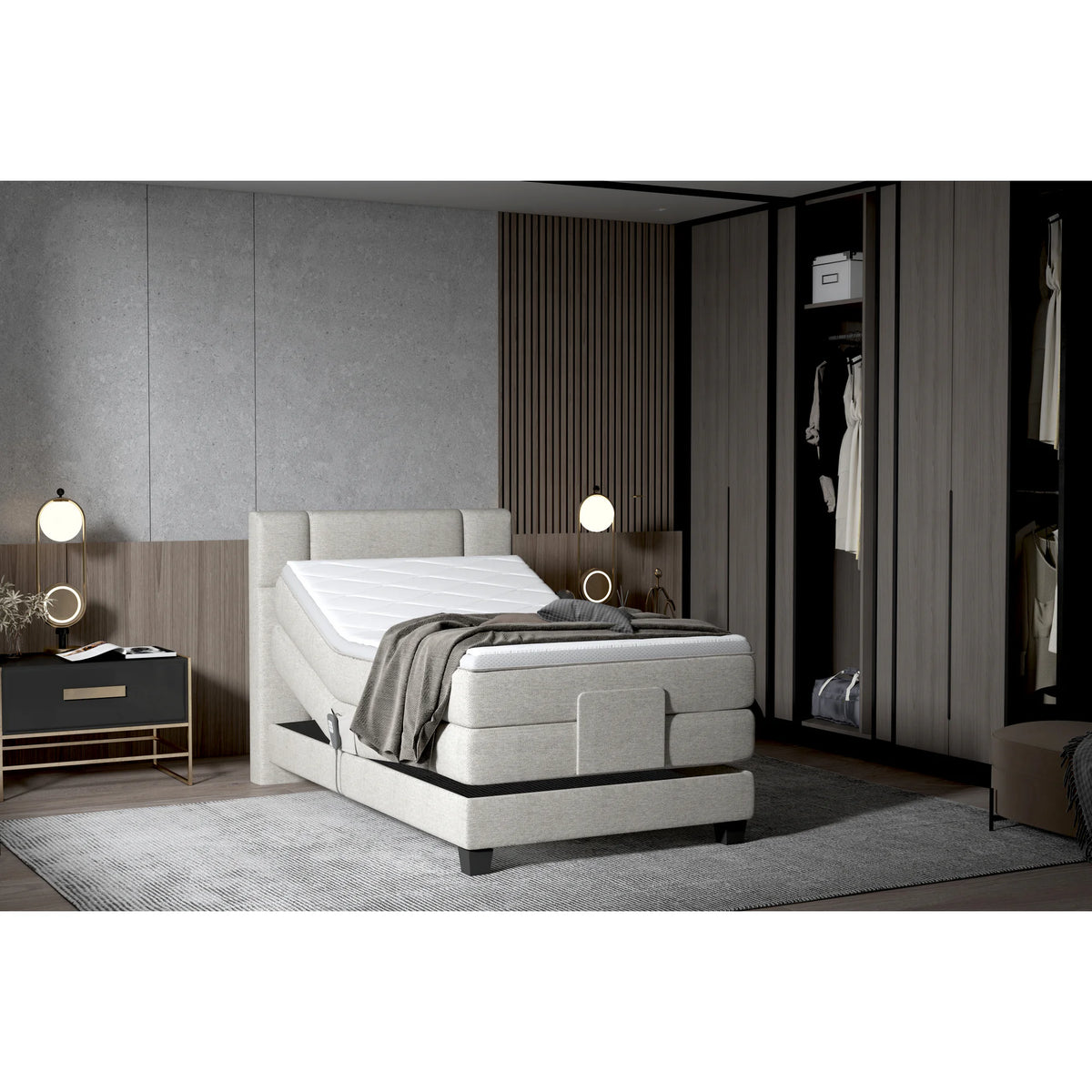 Pat boxspring REY 100x200, personalizabil materiale gama Oferta Avantaj, cu mecanism electric, saltele si topper