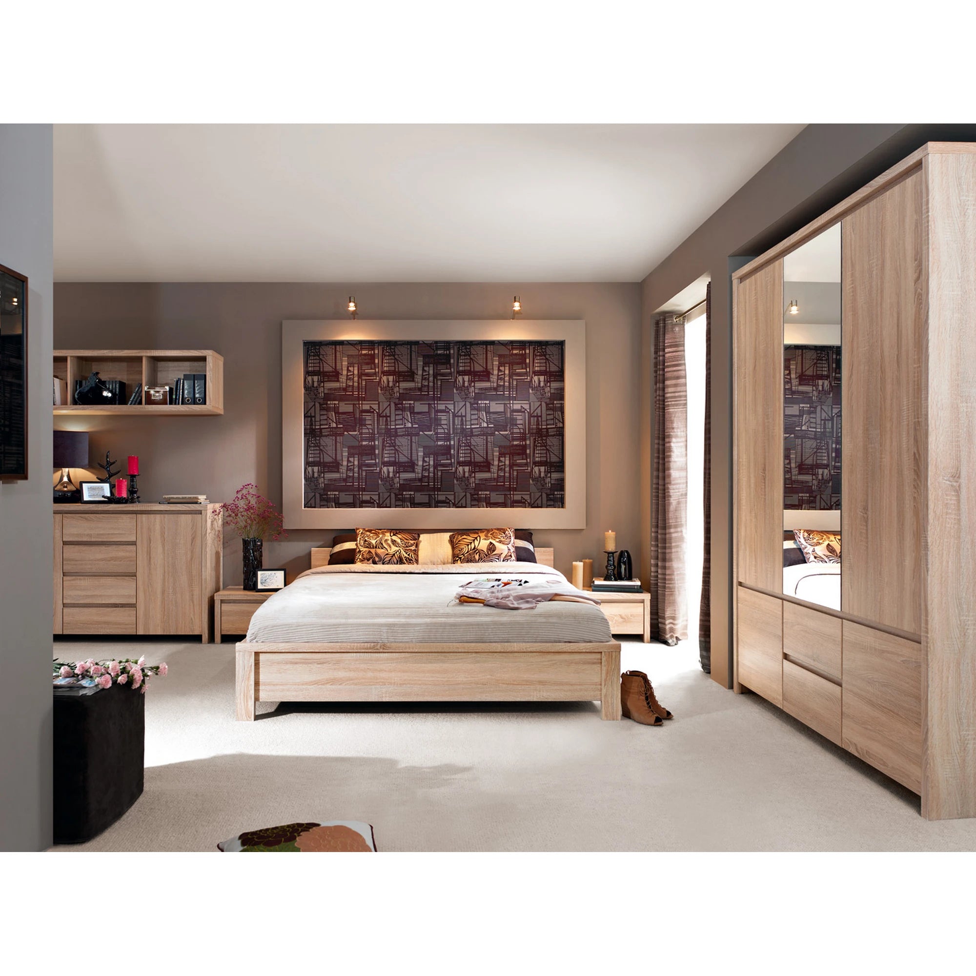 Set dormitor KASPIAN 3, stejar sonoma, pat 160x200, dulap cu 5 usi si 2 sertare, 2 noptiere, comoda si raft