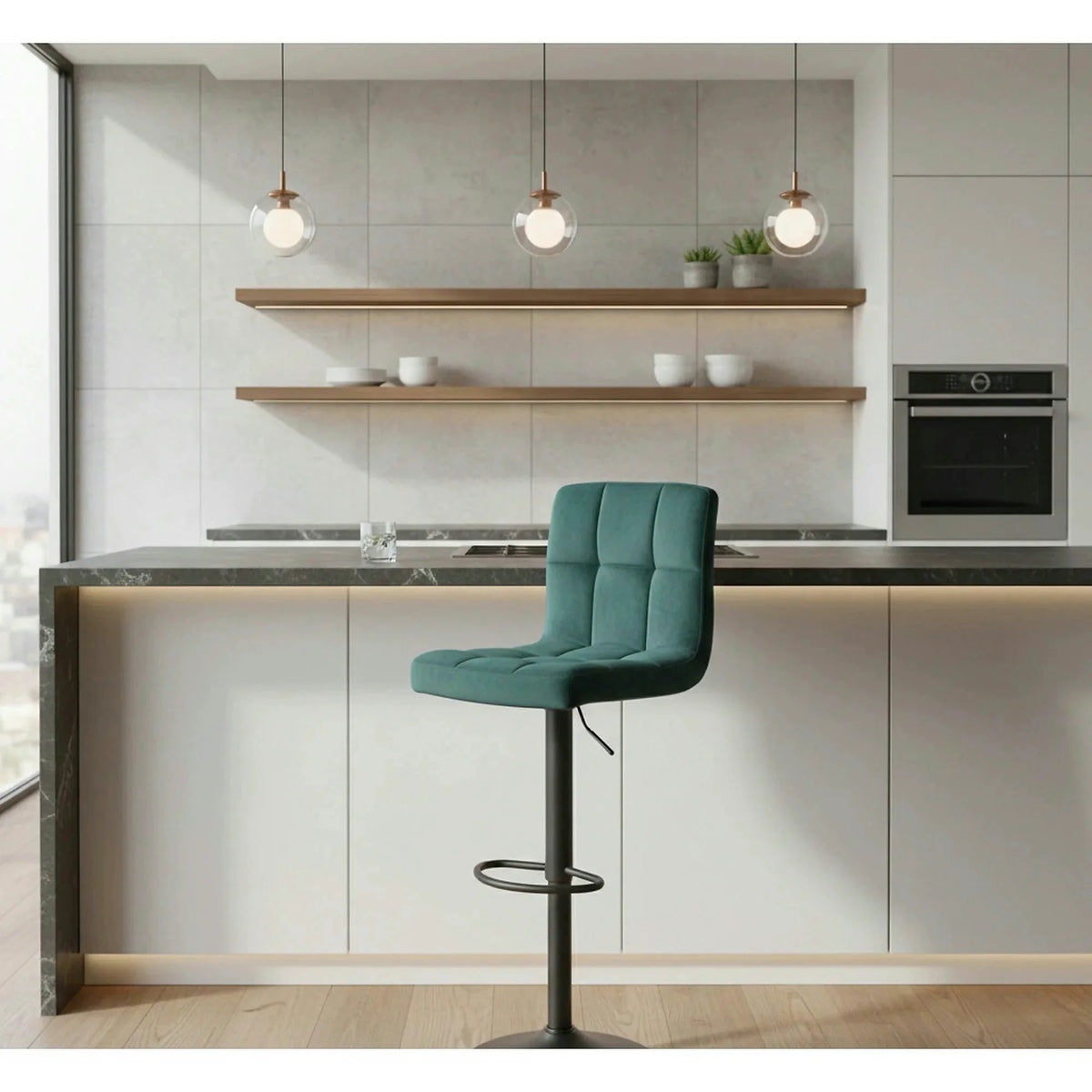 Scaun bar C105, verde/negru, stofa catifelata/metal, 42x39x96/117 cm