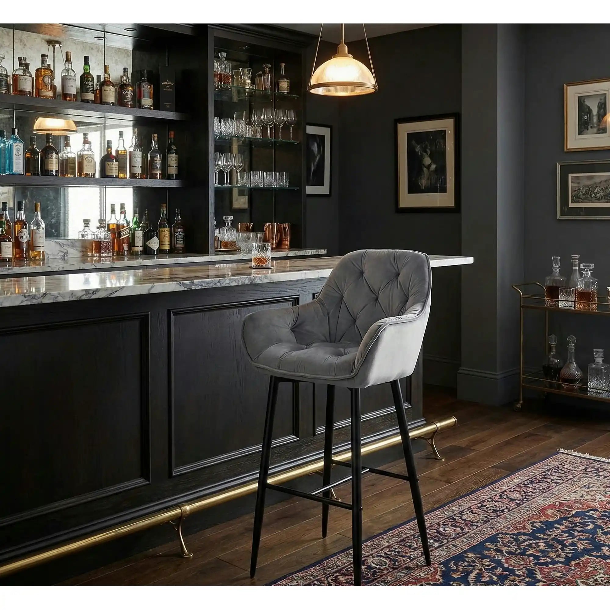 Scaun bar CHERRY H-1, gri/negru mat, stofa catifelata/metal, 56x40x105 cm