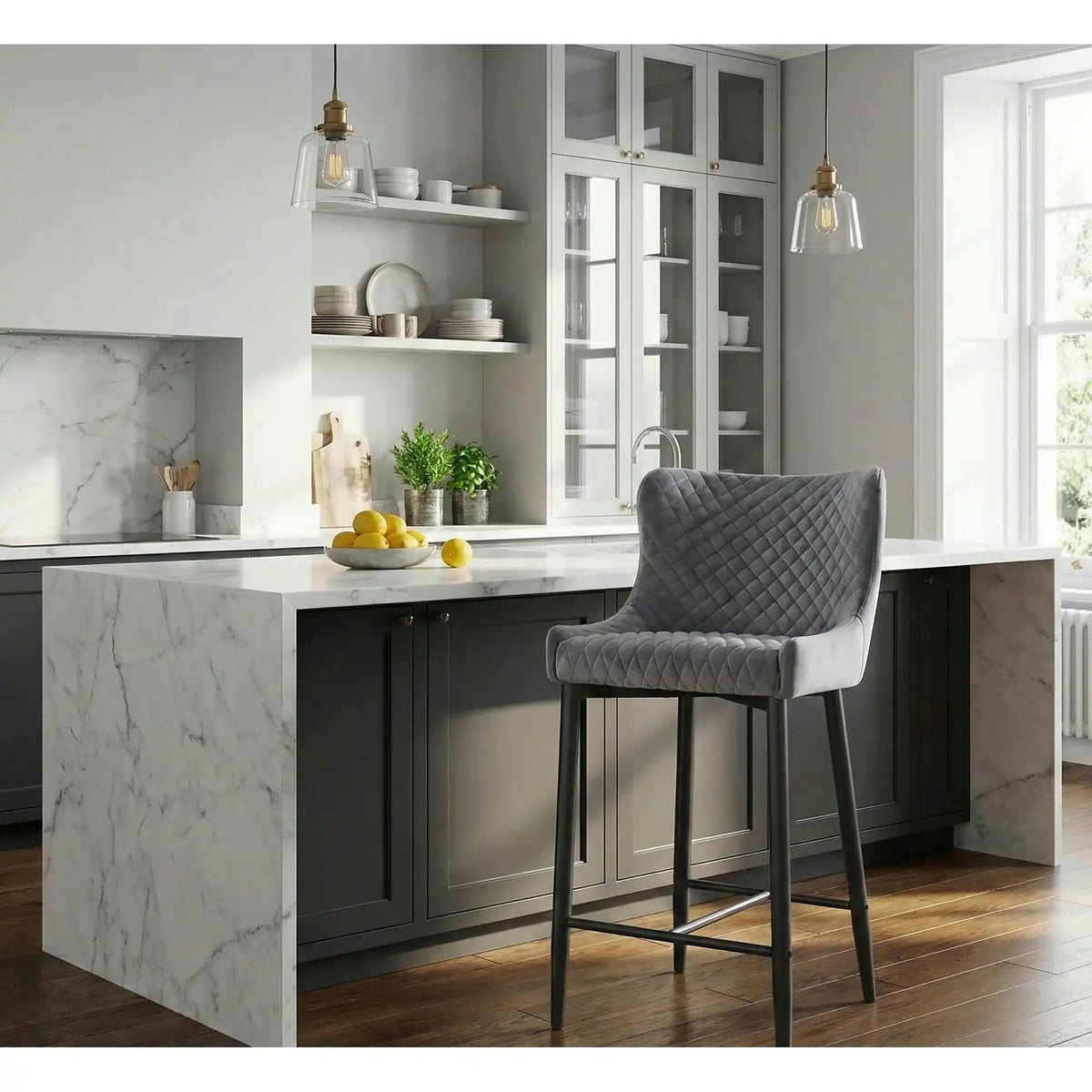 Scaun bar COLIN B H-2, gri/negru mat, stofa catifelata/metal, 48x42x88 cm