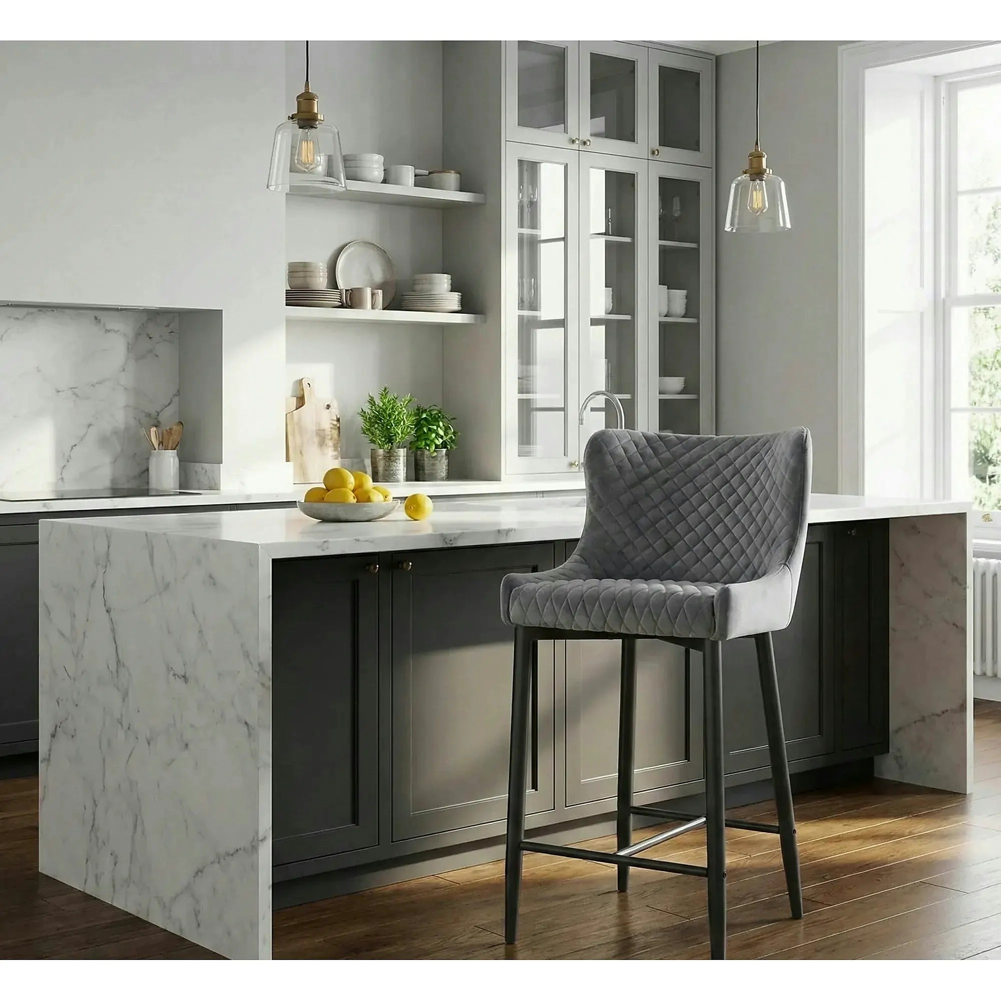 Scaun bar COLIN B H-2, gri/negru mat, stofa catifelata/metal, 48x42x88 cm