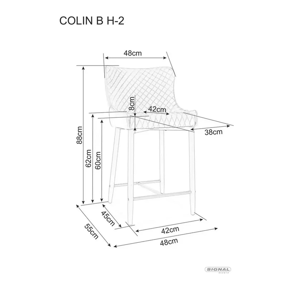 Scaun bar COLIN B H-2, gri/negru mat, stofa catifelata/metal, 48x42x88 cm