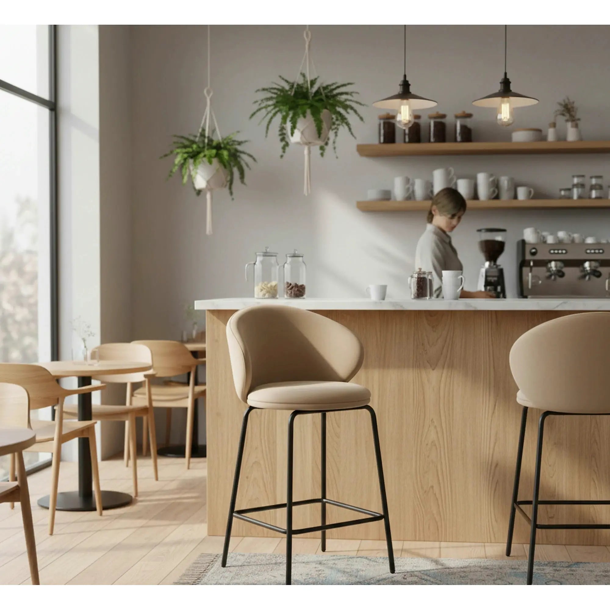 Scaun bar cu spatar inalt H121, bej - Mavel 38/negru, stofa catifelata/metal, 51x50x92 cm