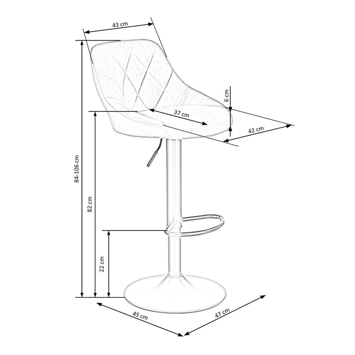 Scaun bar H101, albastru/negru, stofa catifelata/metal, 47x45x84/106 cm