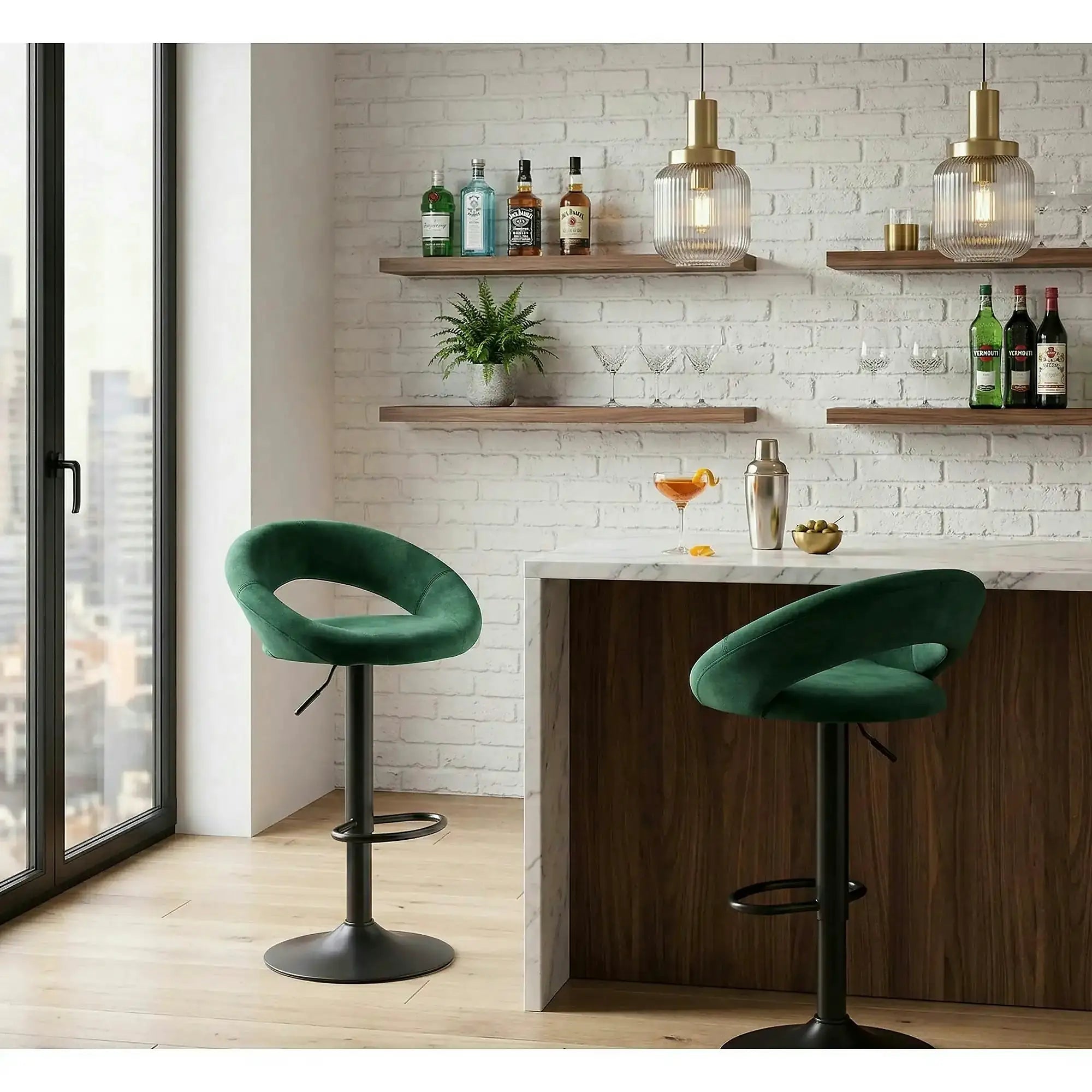 Scaun bar H102, verde inchis/negru, stofa catifelata/otel, 53x48x100 cm