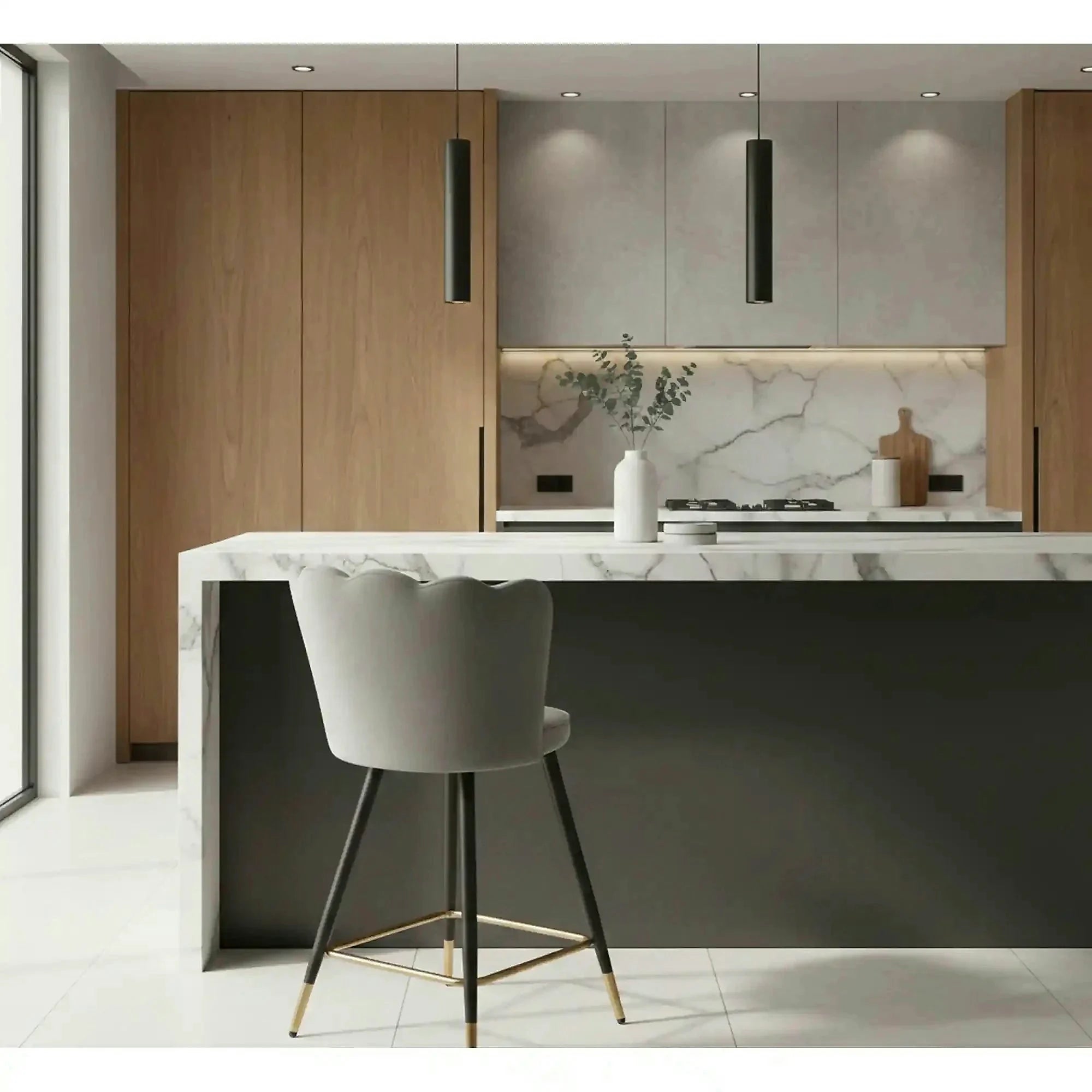 Scaun bar H106, gri/negru, stofa catifelata/otel, 55x58x96 cm