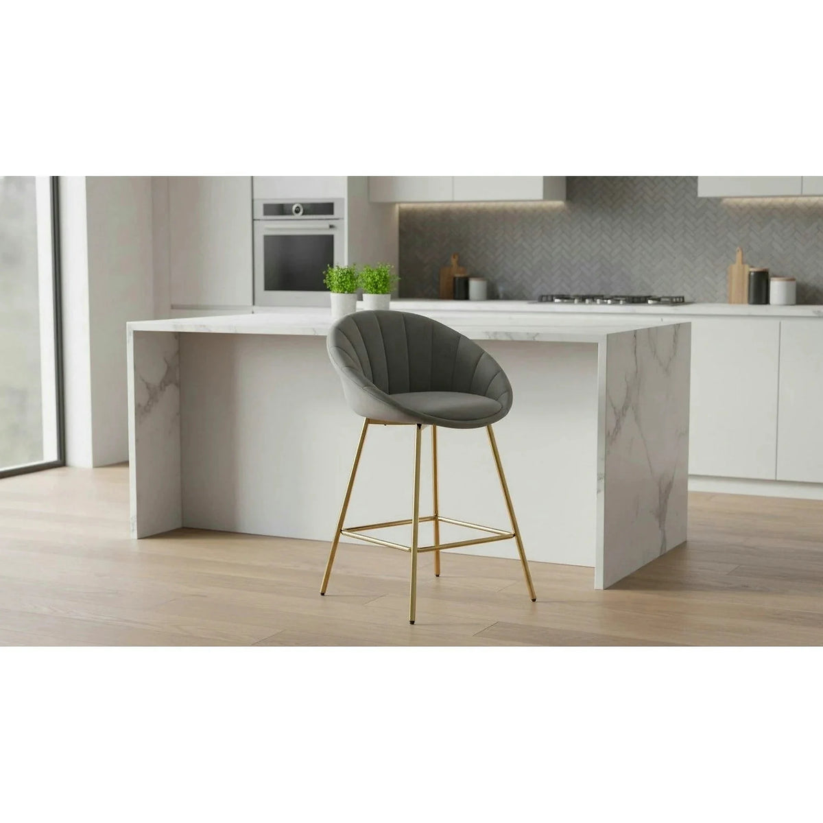 Scaun bar H112, gri/auriu, stofa catifelata/otel, 58x52x87 cm