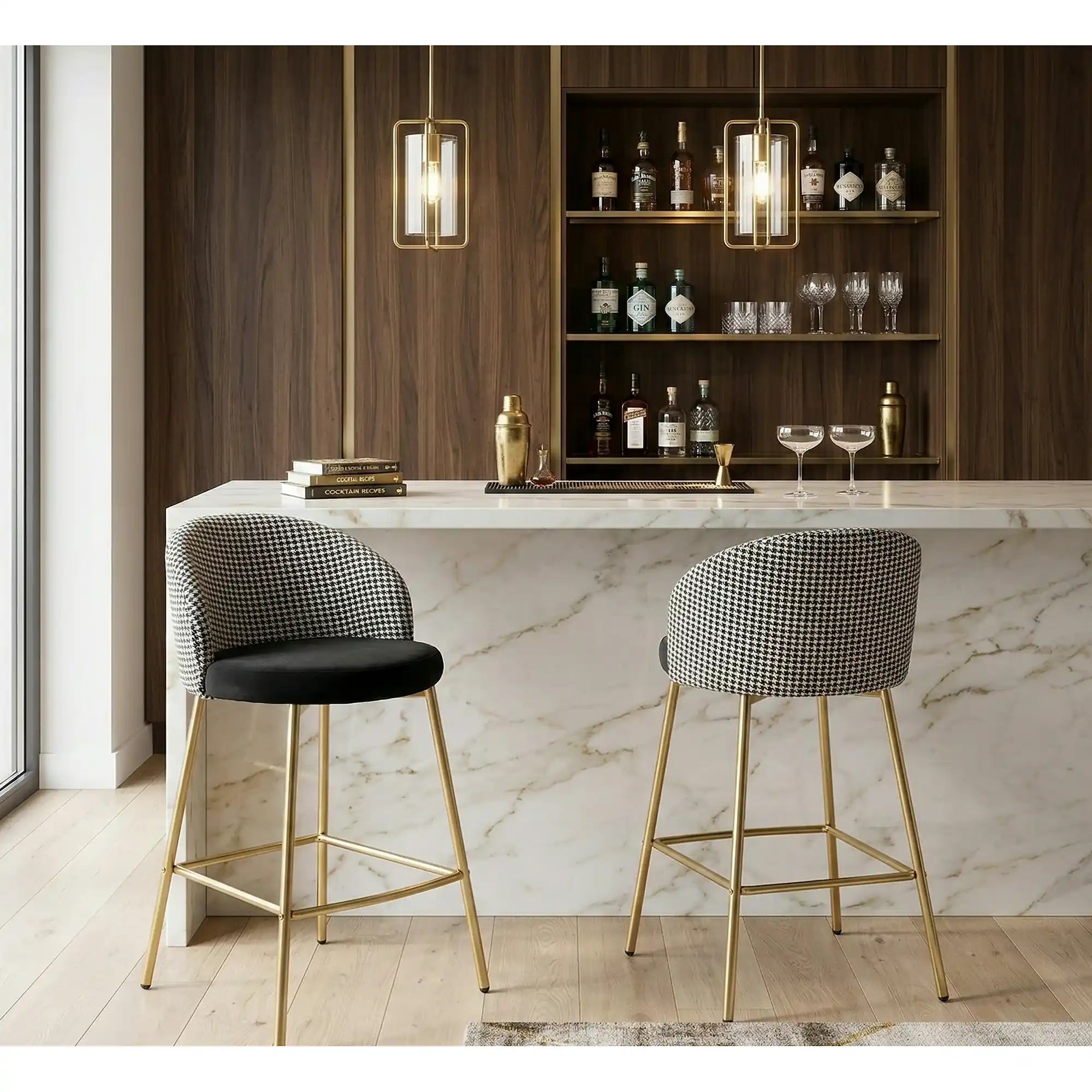 Scaun bar H113, negru/gri/auriu, stofa catifelata/otel, 47x55x85 cm