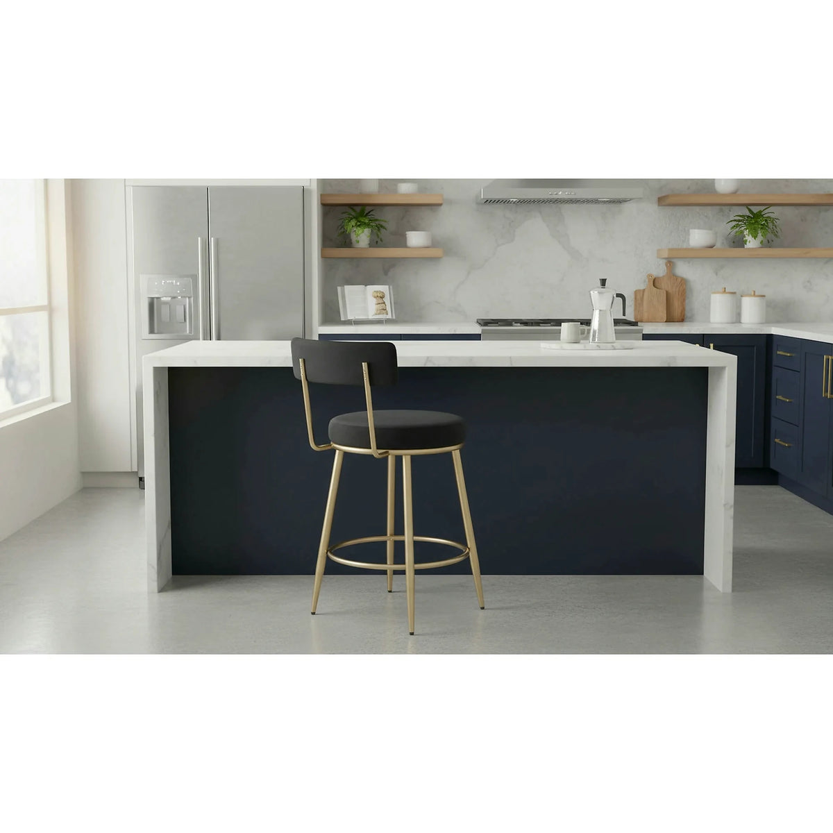 Scaun bar H115, negru/auriu, stofa catifelata/otel, 45x54x90 cm