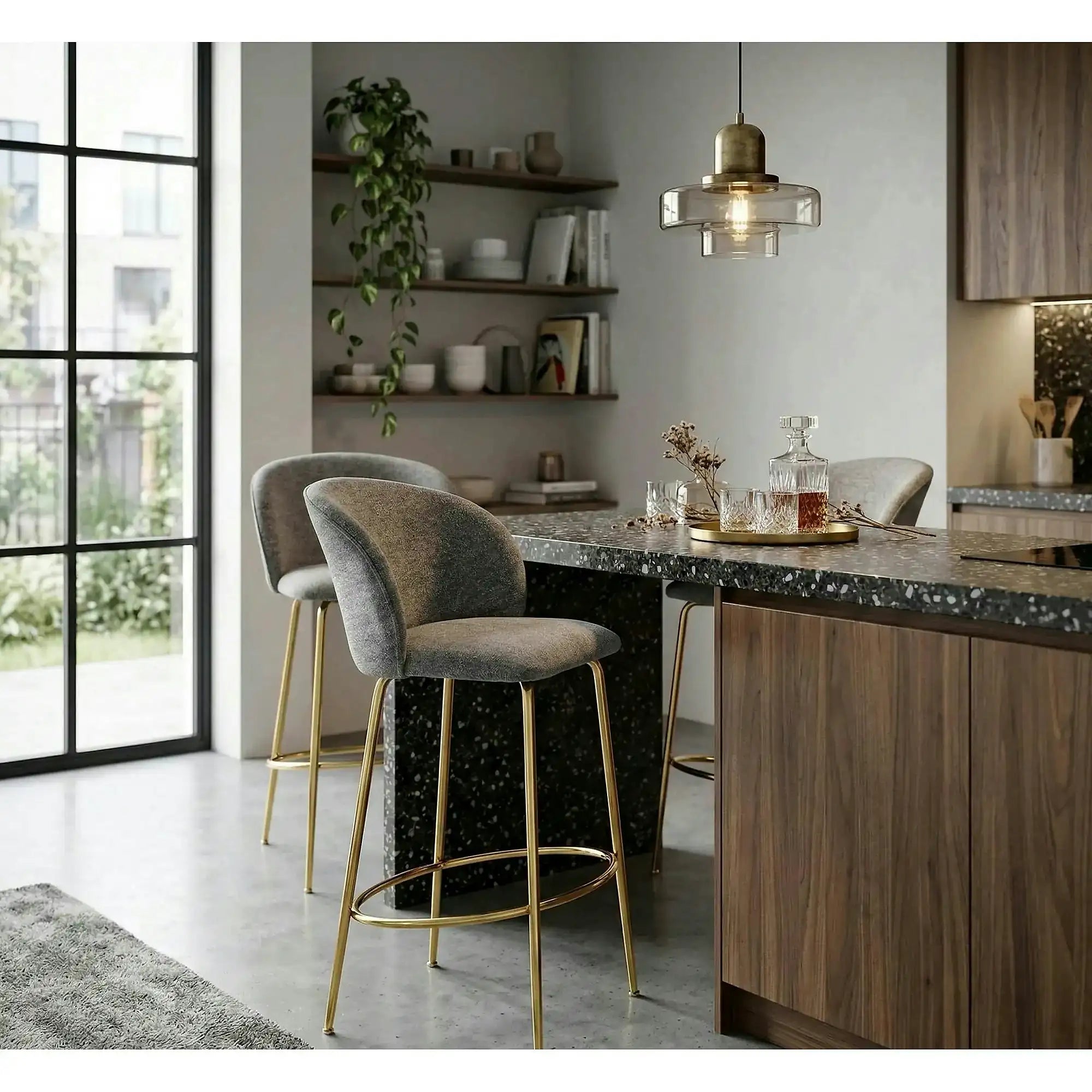 Scaun bar H116, gri/auriu, stofa bucle/otel, 50x59x101 cm