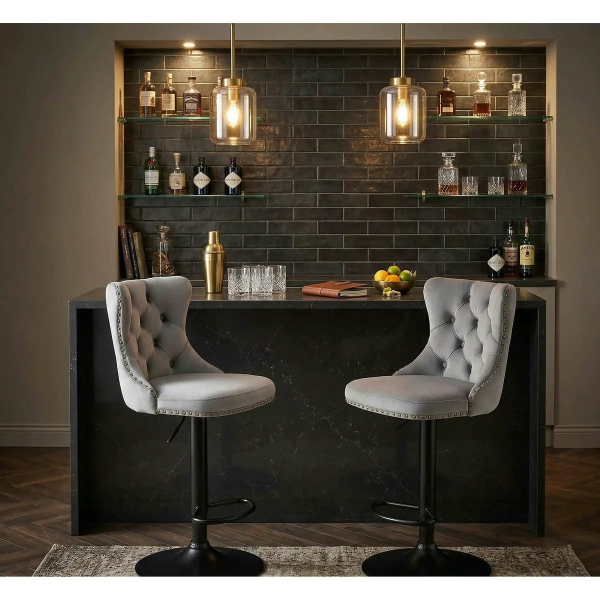 Scaun bar H117, gri/negru, stofa catifelata/otel, 47x52x96/118 cm
