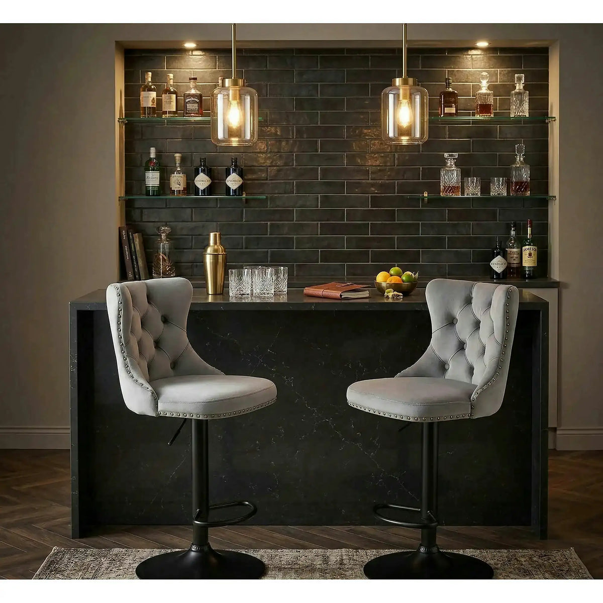 Scaun bar H117, gri/negru, stofa catifelata/otel, 47x52x96/118 cm