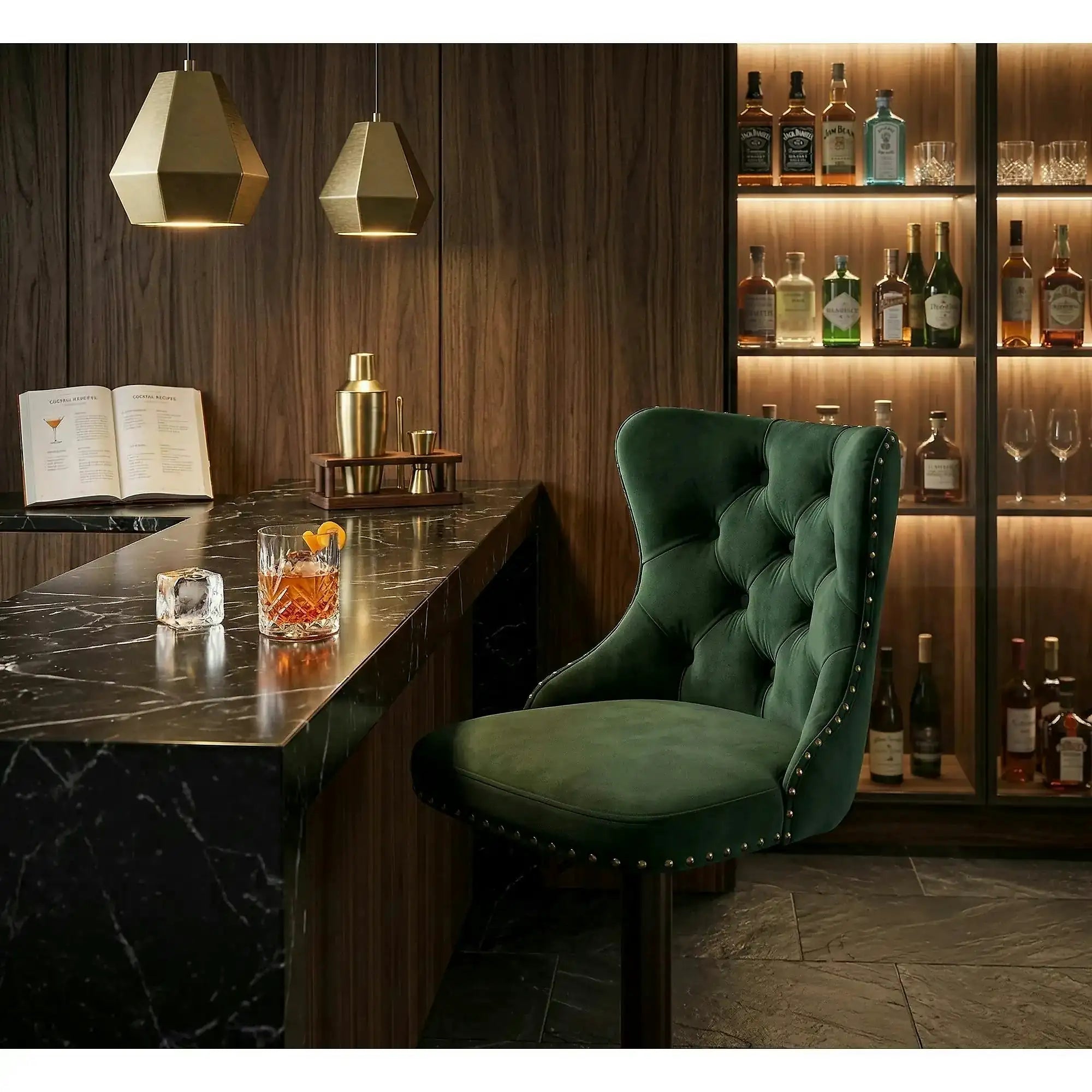 Scaun bar H117, verde/negru, stofa catifelata/otel, 47x52x96/118 cm