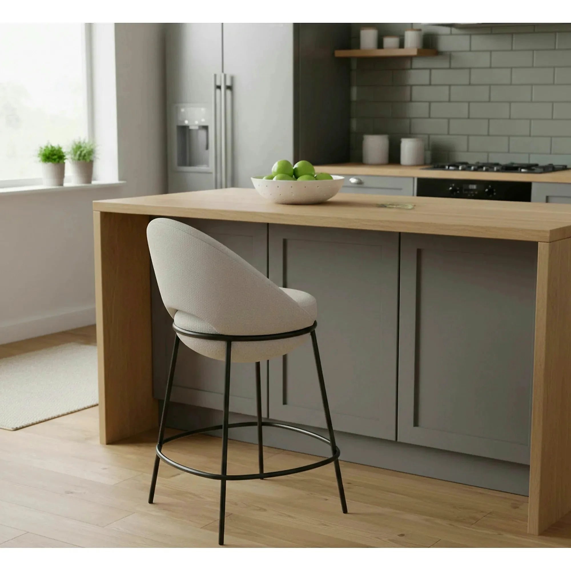Scaun bar H118, bej deschis/negru, stofa clasica/otel, 53x57x90 cm