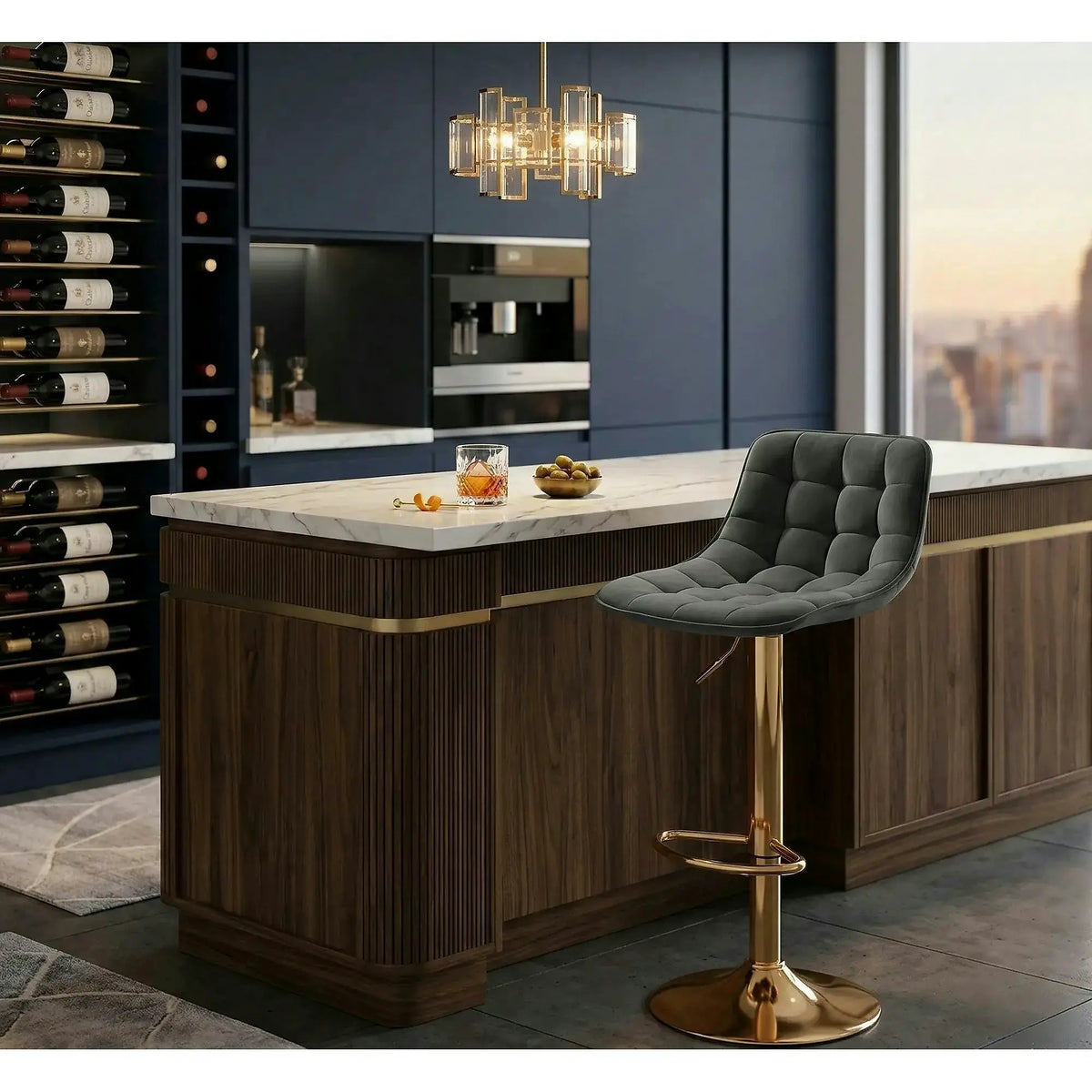 Scaun bar H120, gri/auriu, stofa catifelata/metal, 43x44x84/106 cm