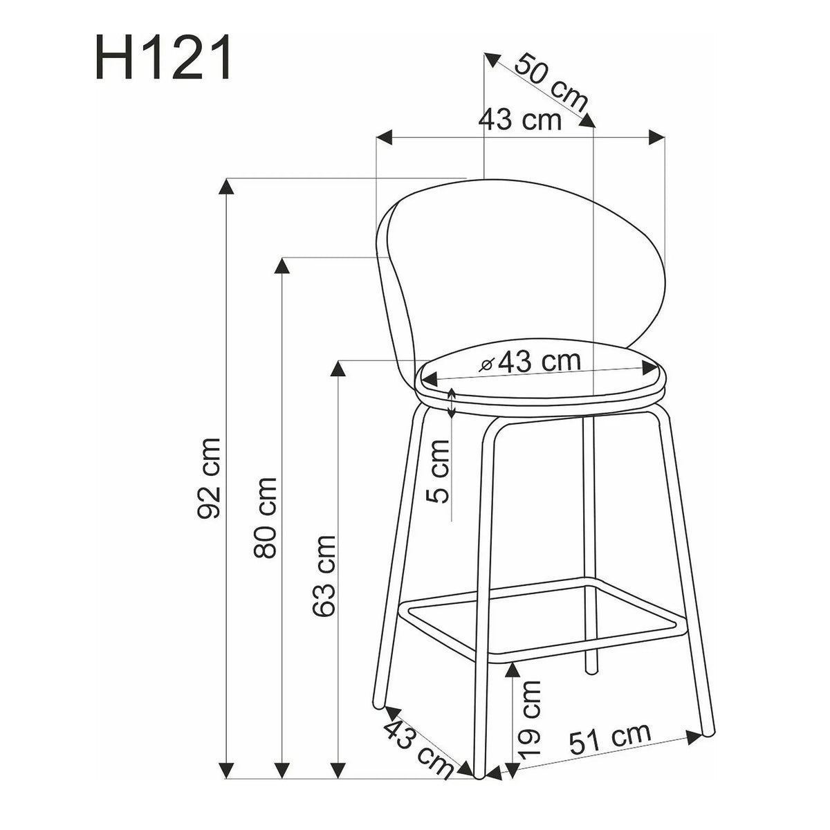 Scaun bar H121, gri - Mavel 14/negru, stofa catifelata/metal, 51x50x92 cm