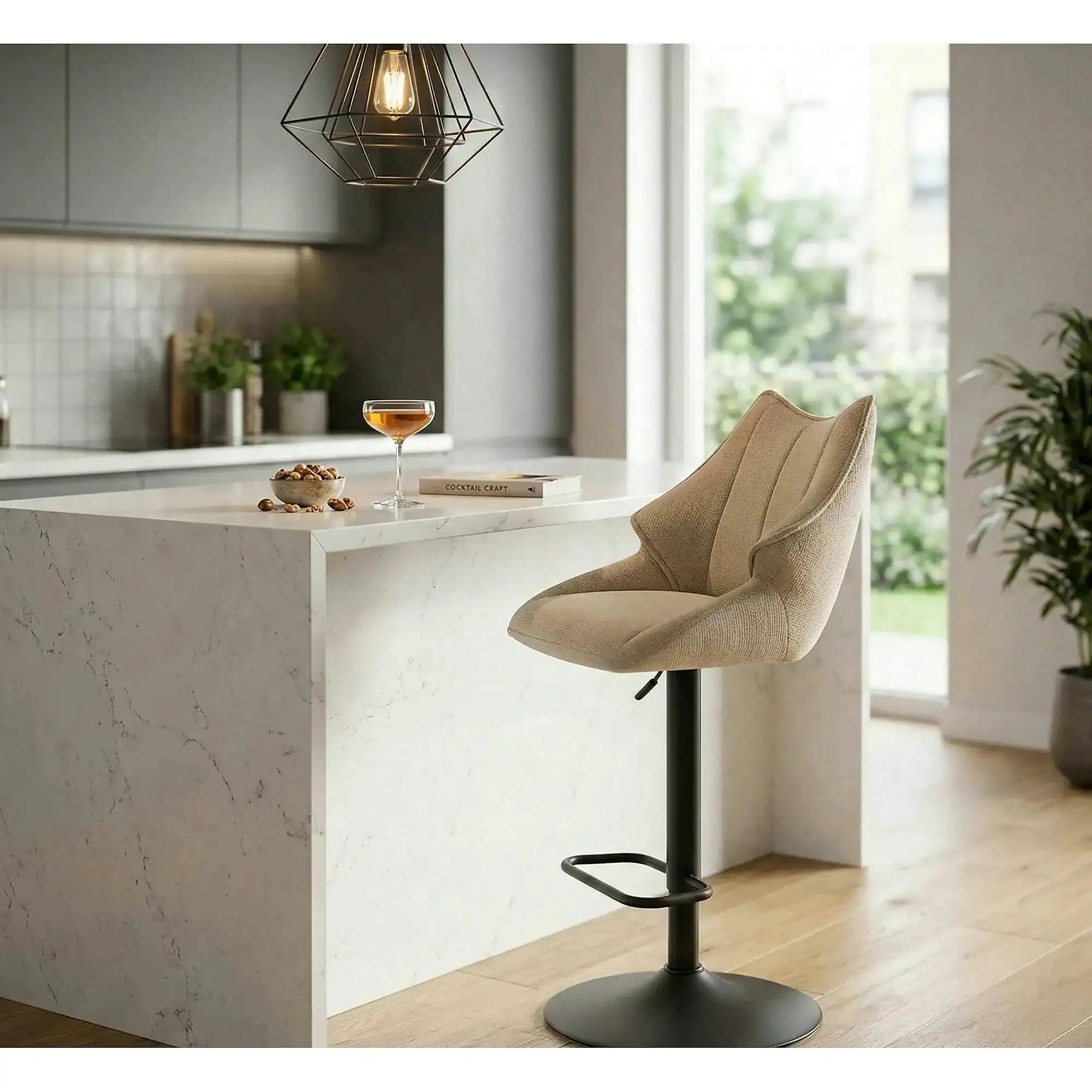 Scaun bar H122, bej/negru, stofa clasica/metal, 50x54x96/118 cm