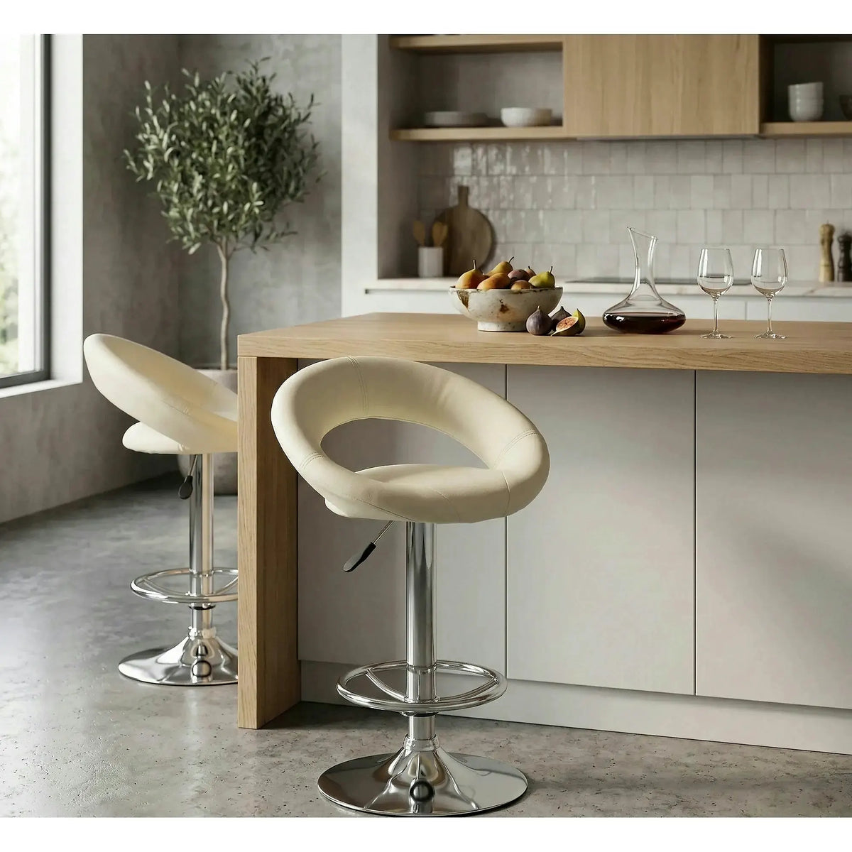 Scaun bar H15, crem/crom, piele ecologica/metal, 54x46x80/102 cm