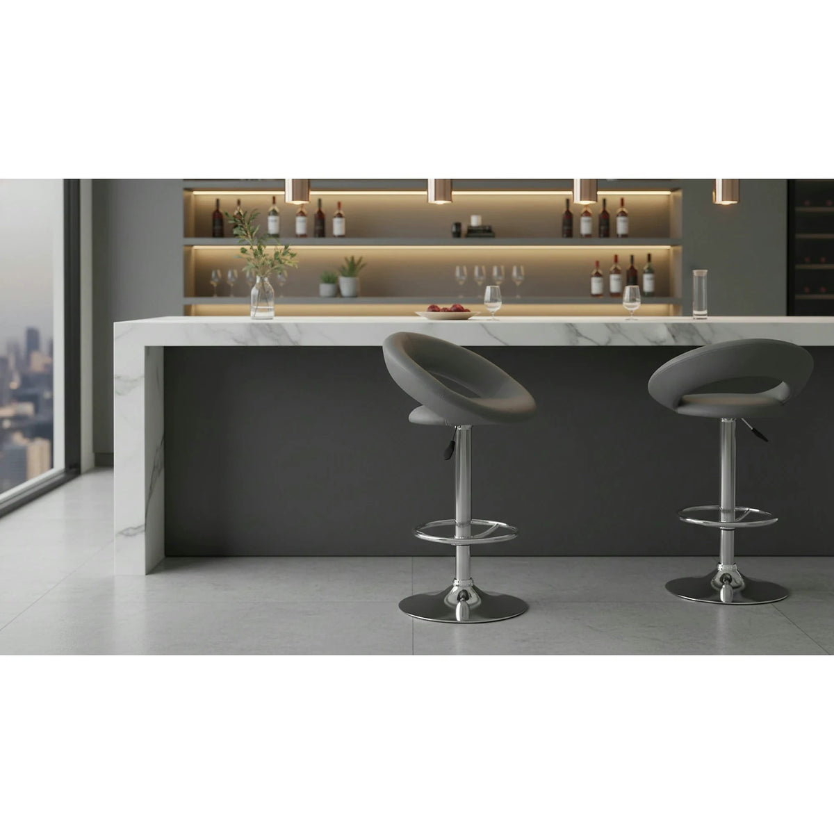 Scaun bar H15, gri/crom, piele ecologica/otel, 54x46x80/102 cm