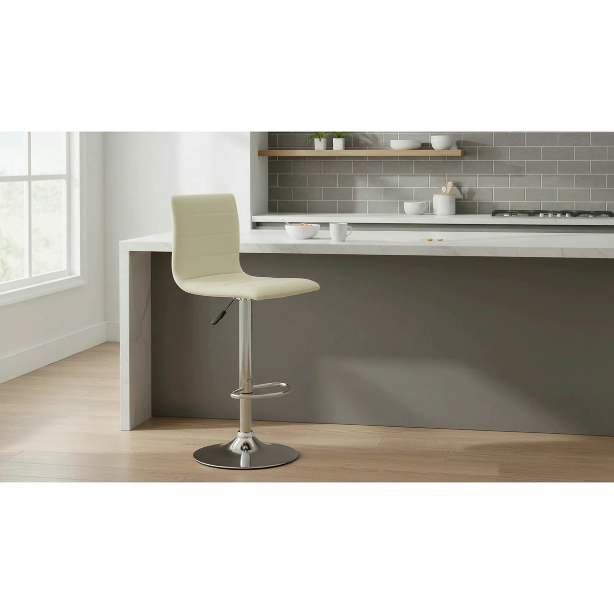 Scaun bar H21, crem/crom, piele ecologica/otel, 40x42x93/115 cm