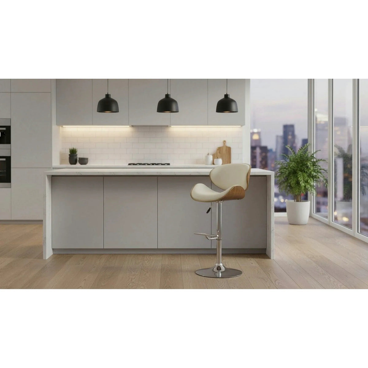 Scaun bar H44, crem/nuc/crom, piele ecologica/placaj indoit/otel, 53x48x93/115 cm