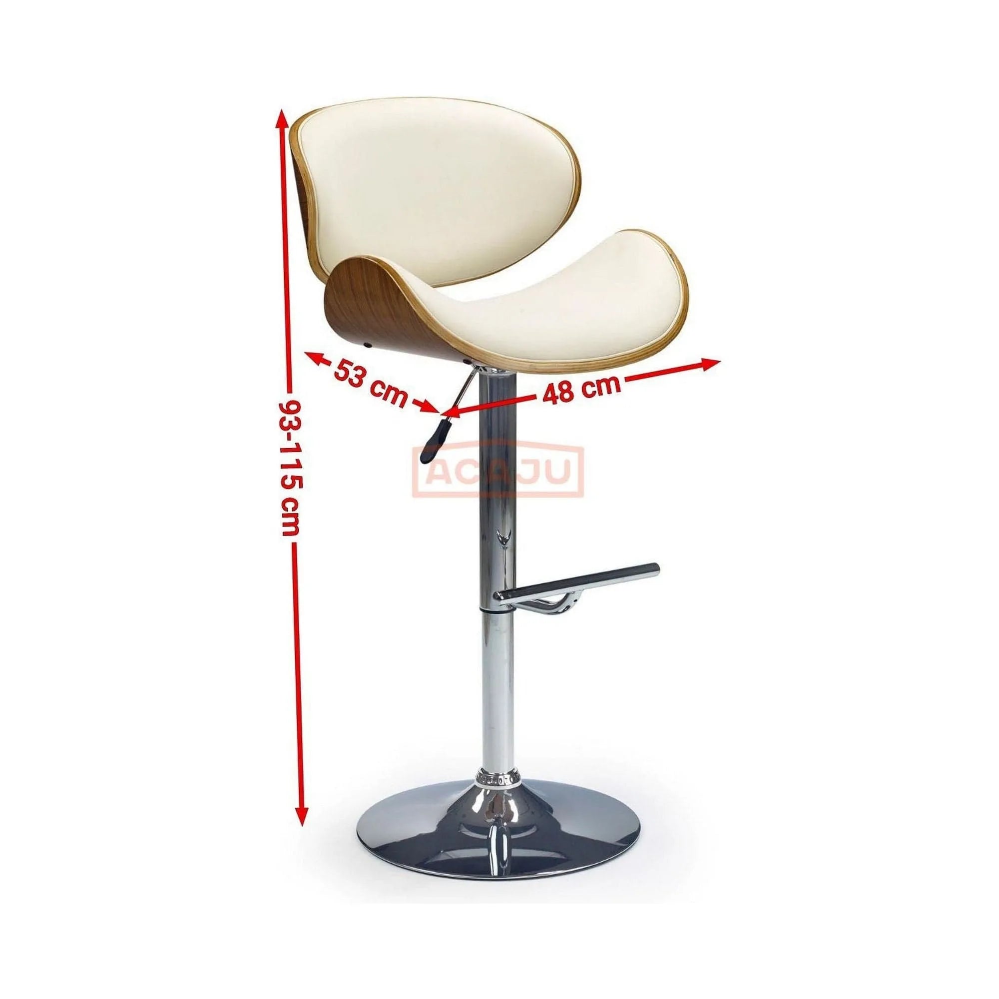 Scaun bar H44, crem/nuc/crom, piele ecologica/placaj indoit/otel, 53x48x93/115 cm