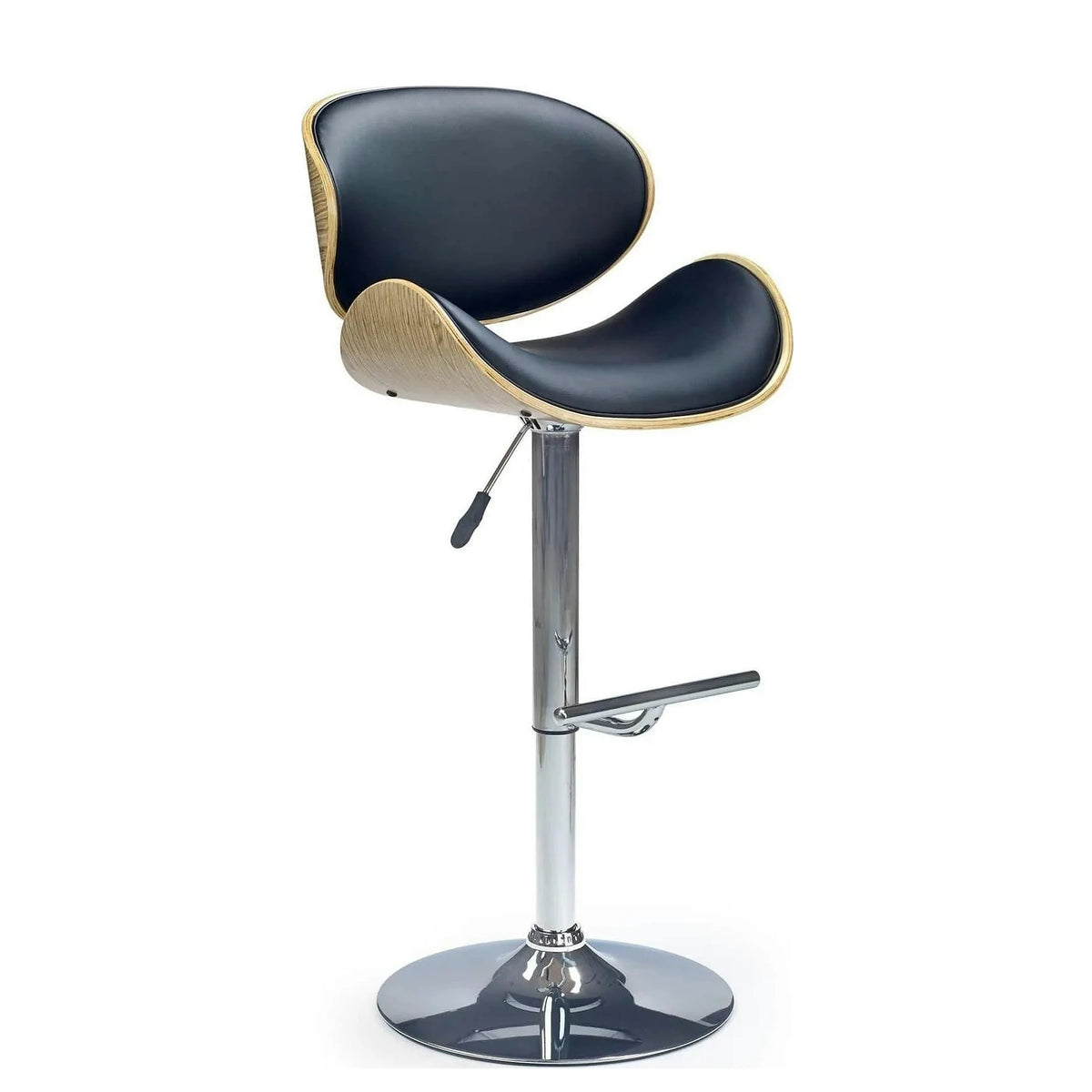 Scaun bar H44, negru/stejar deschis/crom, piele ecologica/placaj indoit/otel, 53x48x93/115 cm