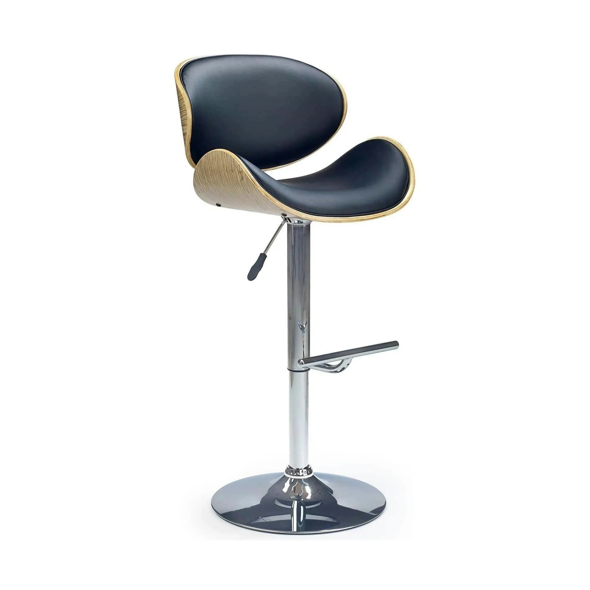 Scaun bar H44, negru/stejar deschis/crom, piele ecologica/placaj indoit/otel, 53x48x93/115 cm