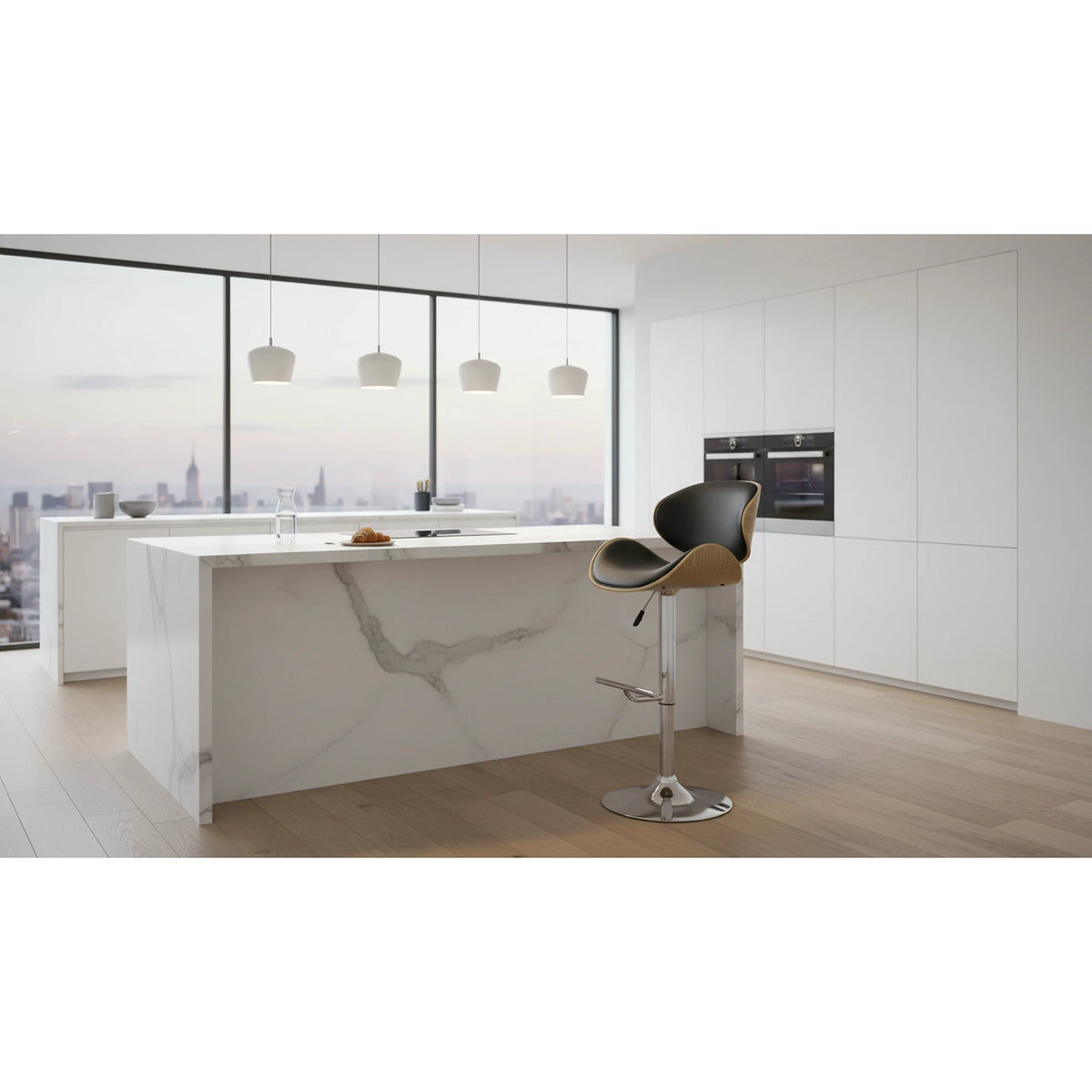 Scaun bar H44, negru/stejar deschis/crom, piele ecologica/placaj indoit/otel, 53x48x93/115 cm