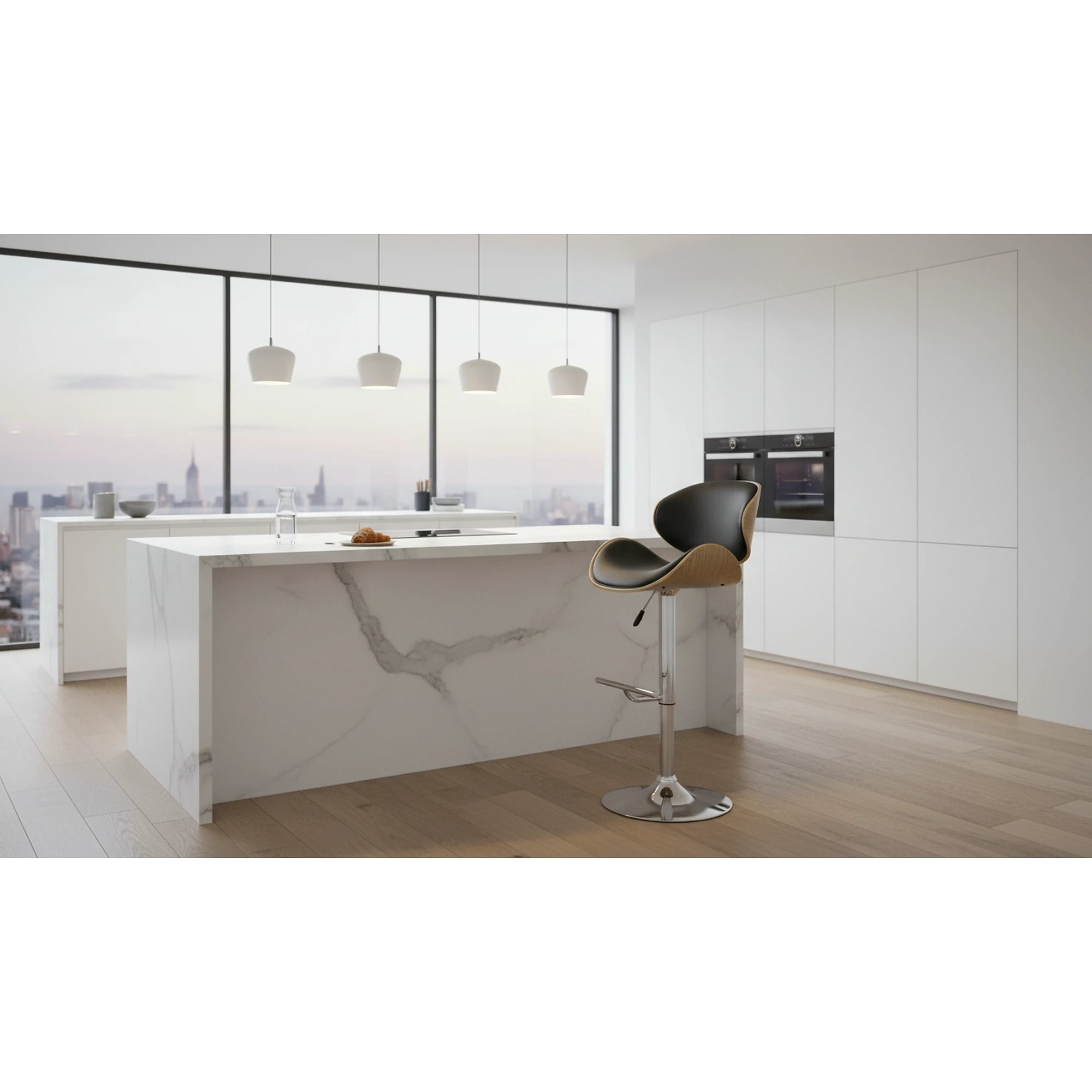 Scaun bar H44, negru/stejar deschis/crom, piele ecologica/placaj indoit/otel, 53x48x93/115 cm