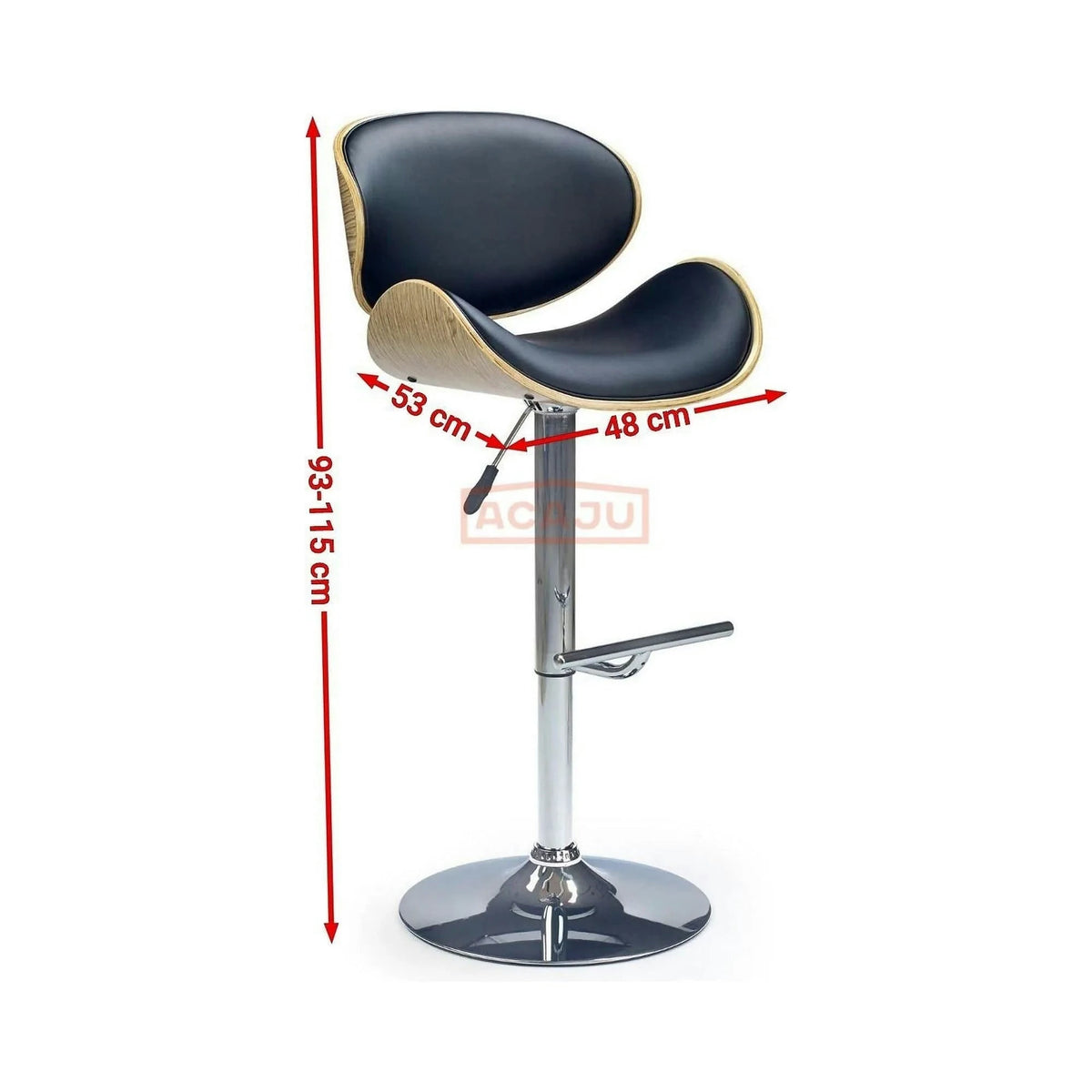Scaun bar H44, negru/stejar deschis/crom, piele ecologica/placaj indoit/otel, 53x48x93/115 cm