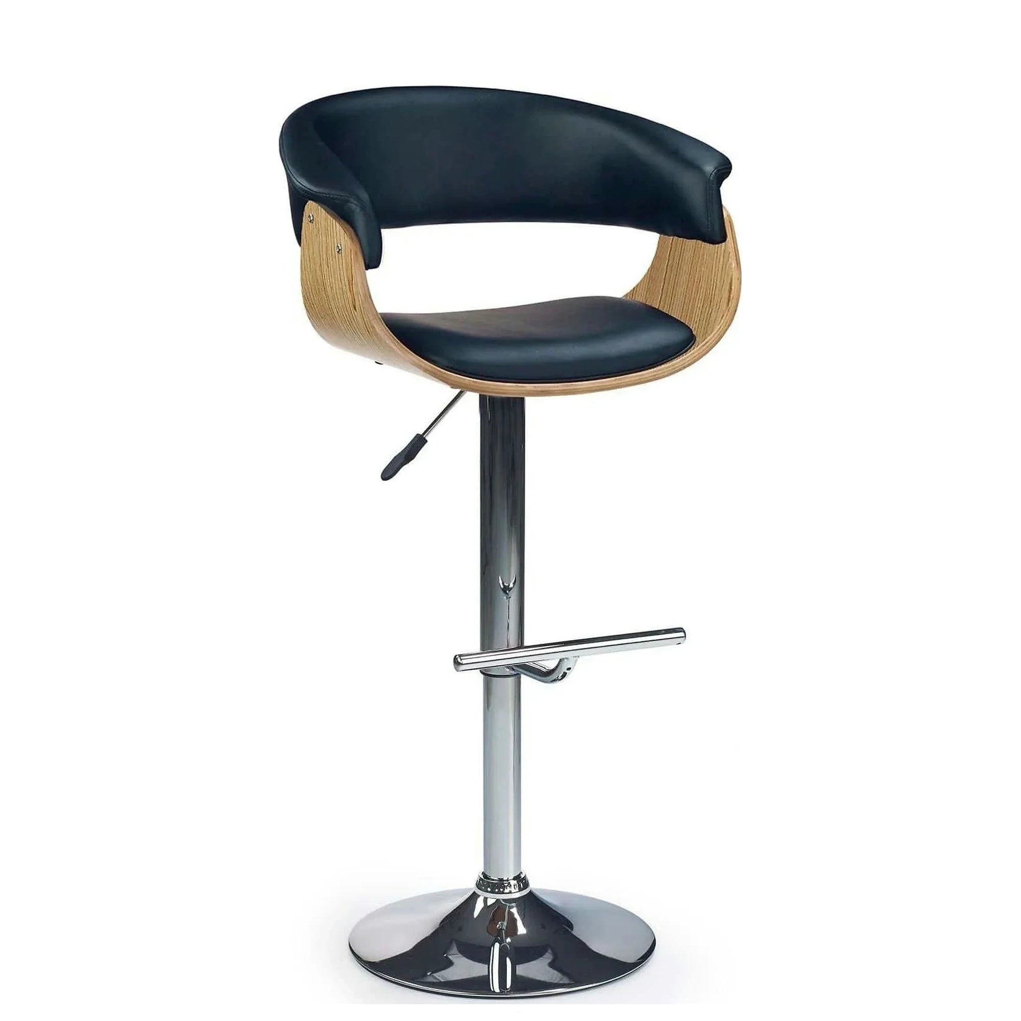 Scaun bar H45, negru/stejar deschis/crom, piele ecologica/placaj indoit/otel, 59x46x90/112 cm