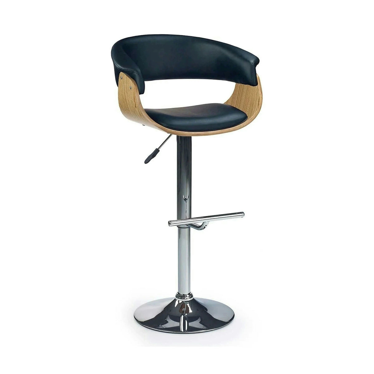 Scaun bar H45, negru/stejar deschis/crom, piele ecologica/placaj indoit/otel, 59x46x90/112 cm