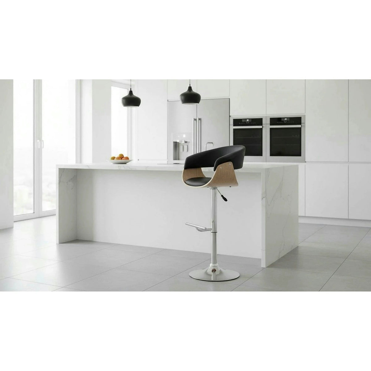Scaun bar H45, negru/stejar deschis/crom, piele ecologica/placaj indoit/otel, 59x46x90/112 cm