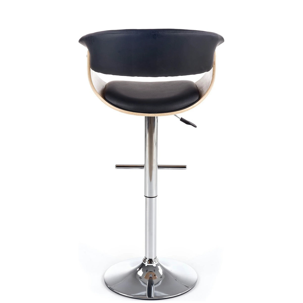 Scaun bar H45, negru/stejar deschis/crom, piele ecologica/placaj indoit/otel, 59x46x90/112 cm
