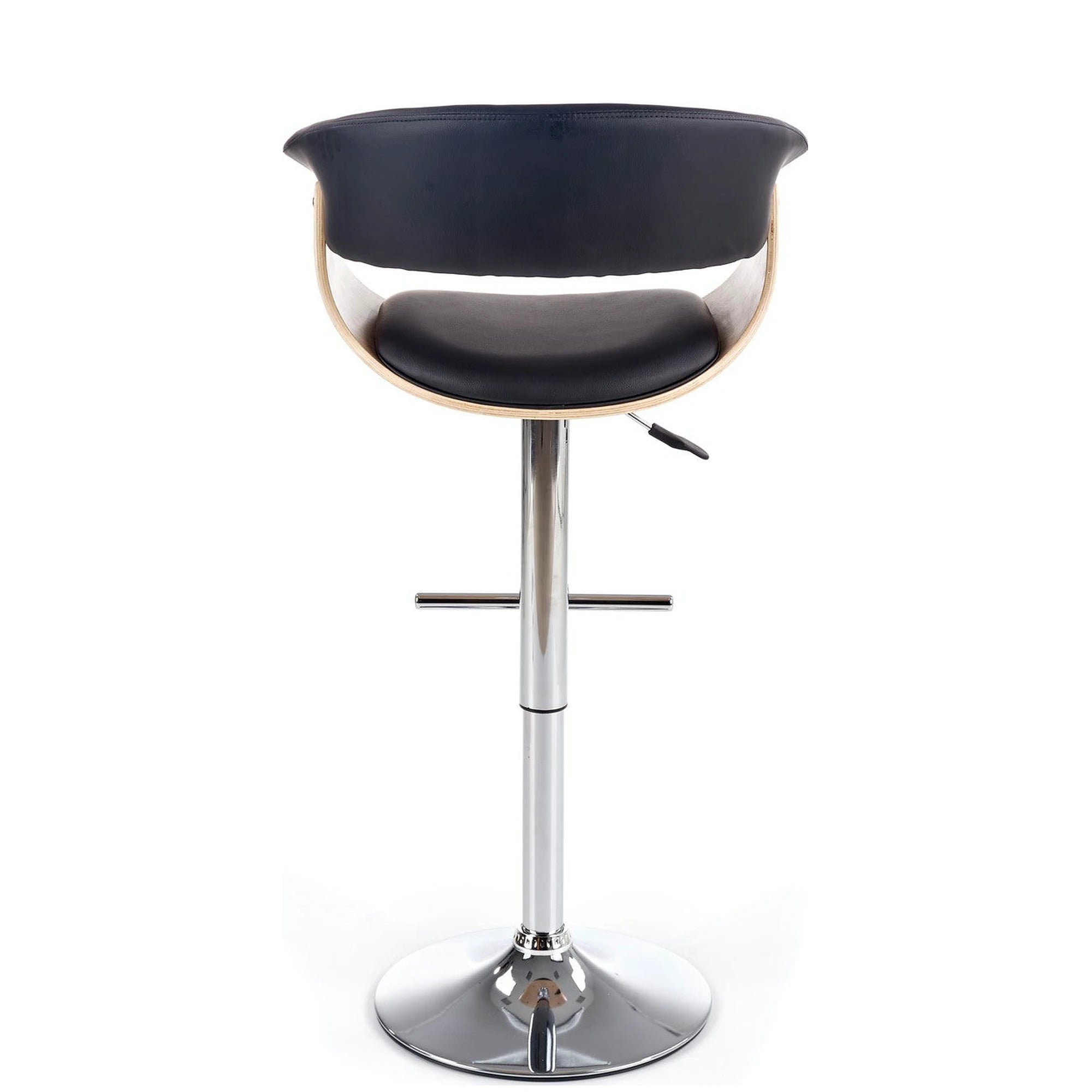 Scaun bar H45, negru/stejar deschis/crom, piele ecologica/placaj indoit/otel, 59x46x90/112 cm