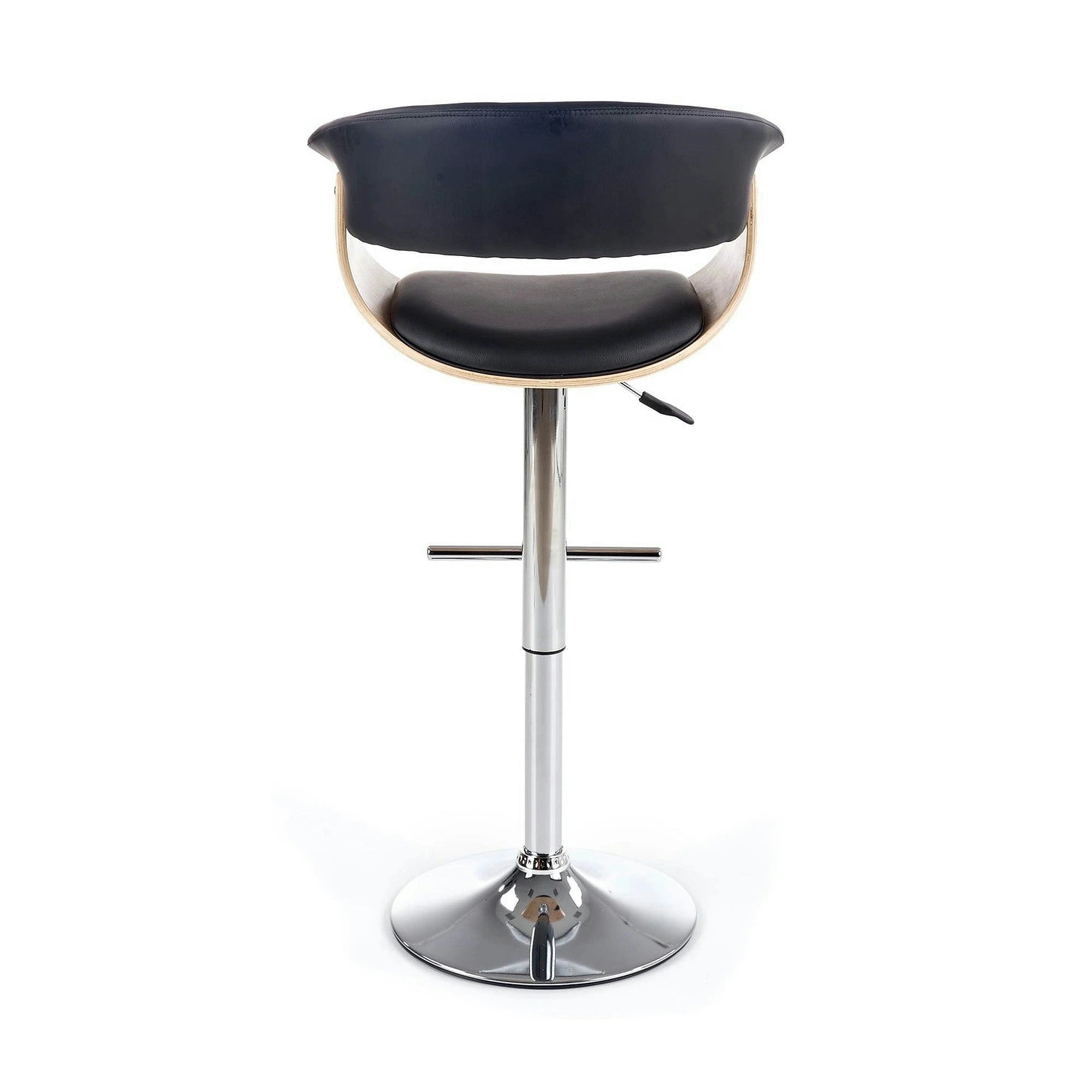 Scaun bar H45, negru/stejar deschis/crom, piele ecologica/placaj indoit/otel, 59x46x90/112 cm