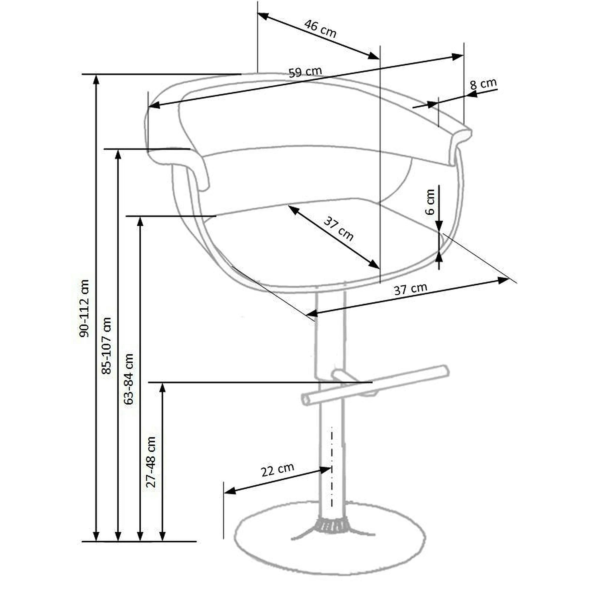 Scaun bar H45, negru/stejar deschis/crom, piele ecologica/placaj indoit/otel, 59x46x90/112 cm