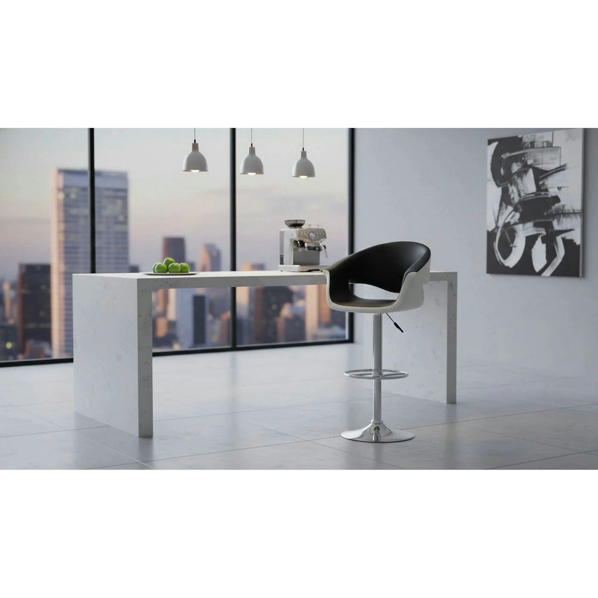 Scaun bar H46, negru/alb/crom, piele ecologica/otel, 60x46x93/115 cm