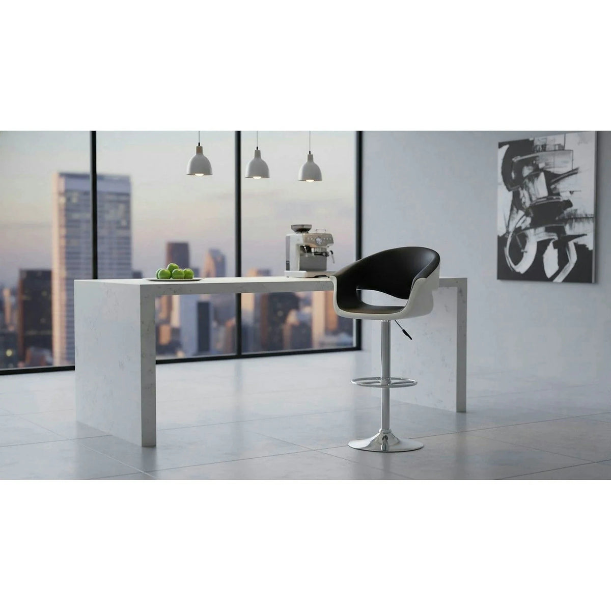 Scaun bar H46, negru/alb/crom, piele ecologica/otel, 60x46x93/115 cm
