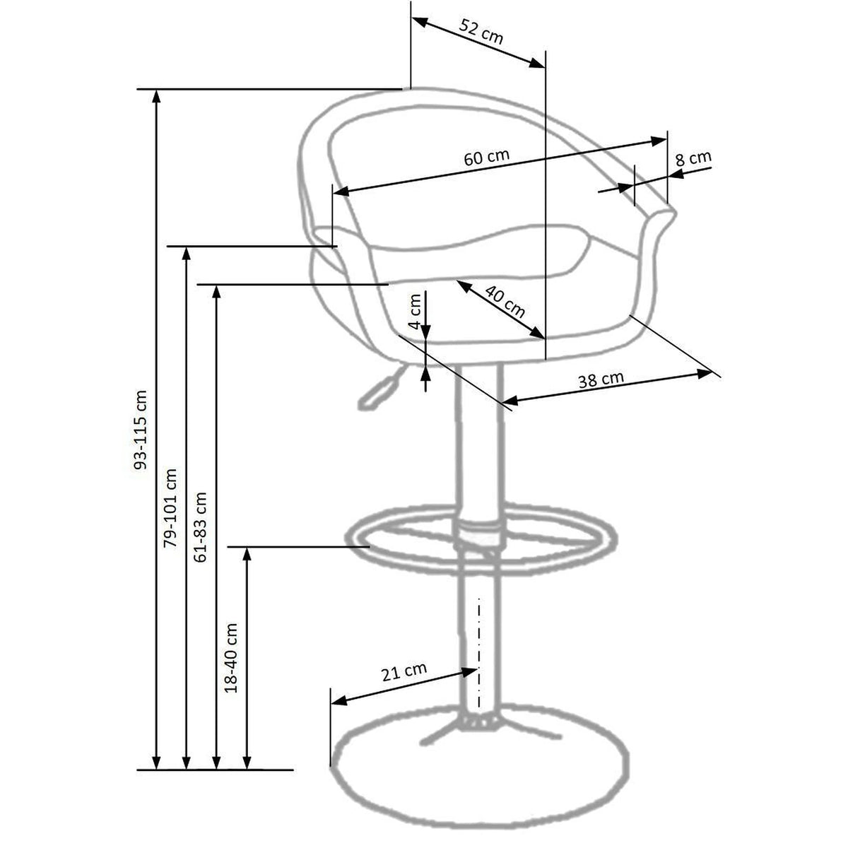 Scaun bar H46, negru/alb/crom, piele ecologica/otel, 60x46x93/115 cm
