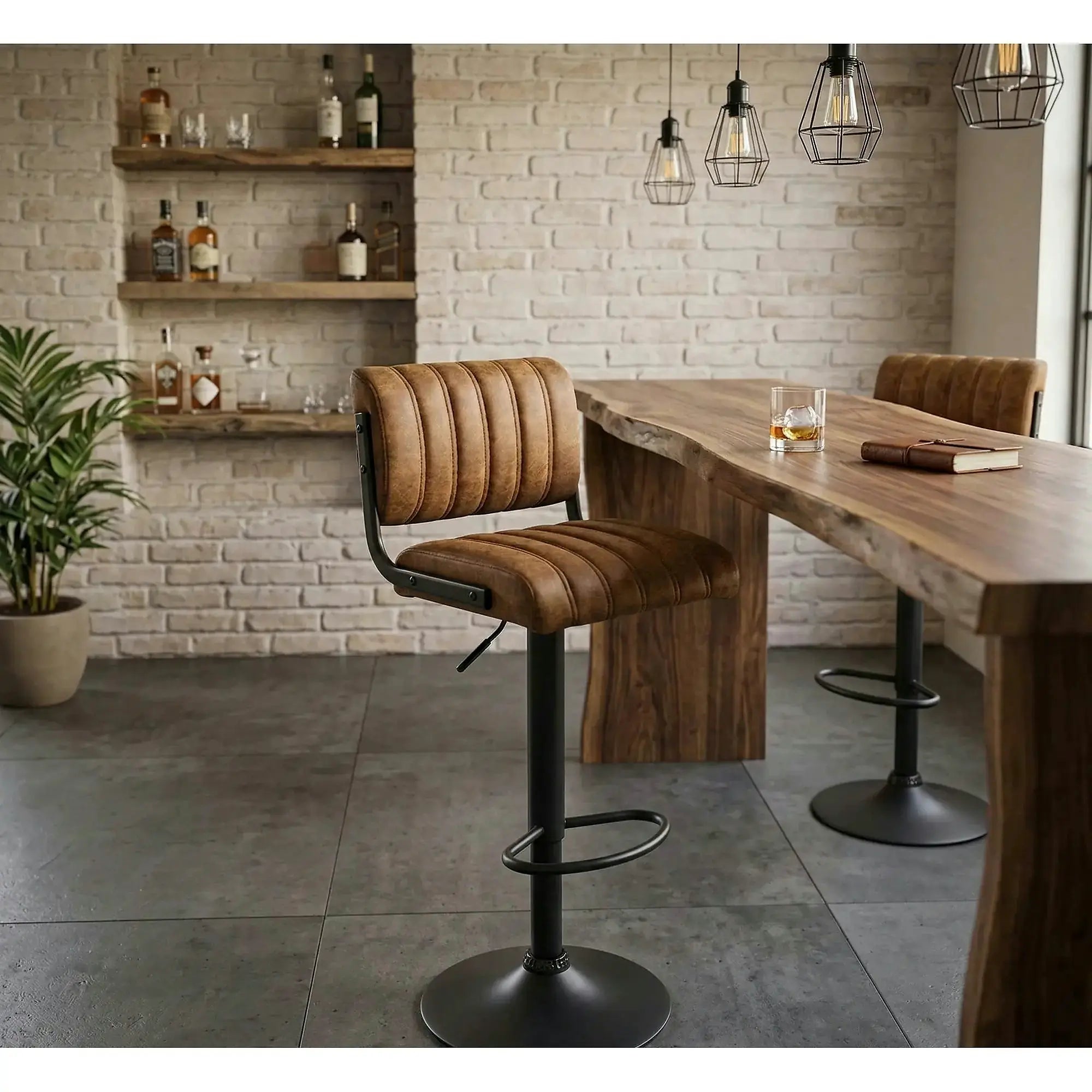 Scaun bar H88, maro/negru, piele ecologica/otel, 39x46x89/109 cm