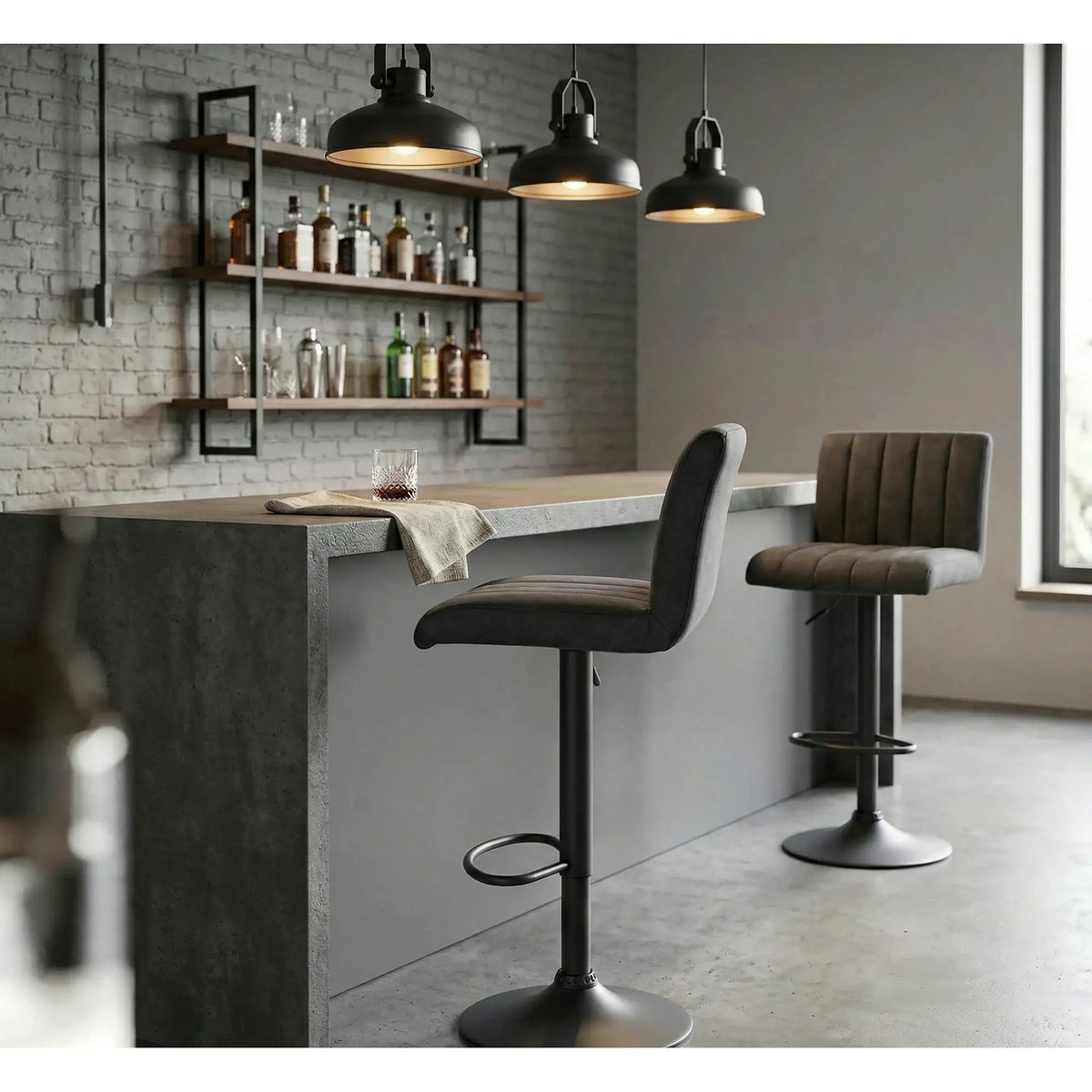 Scaun bar H89, gri inchis, piele ecologica/otel, 41x48x88/108 cm