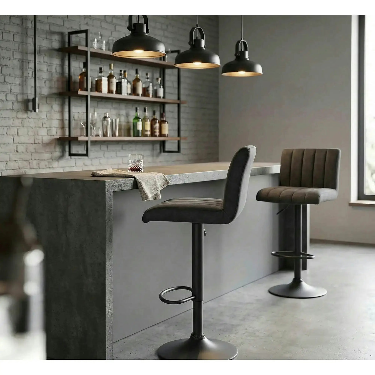 Scaun bar H89, gri inchis, piele ecologica/otel, 41x48x88/108 cm