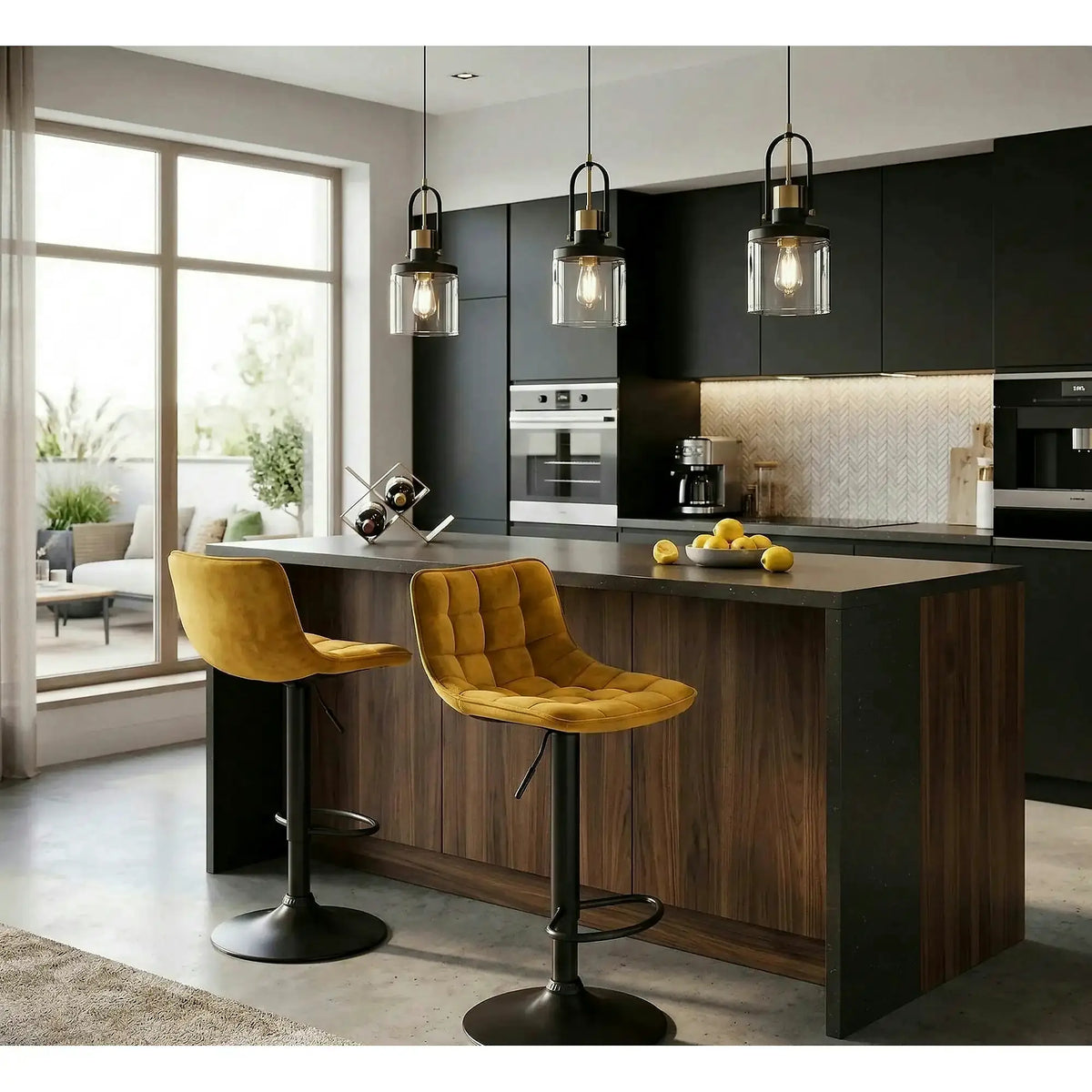 Scaun bar H95, galben mustar - Bluvel 68/negru, stofa catifelata/metal, 43x44x84/106 cm